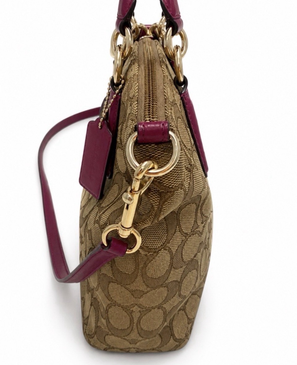 Coach Kelsey Signature Monogram C Canvas Khaki & Fuchsia Leather Trim Bag