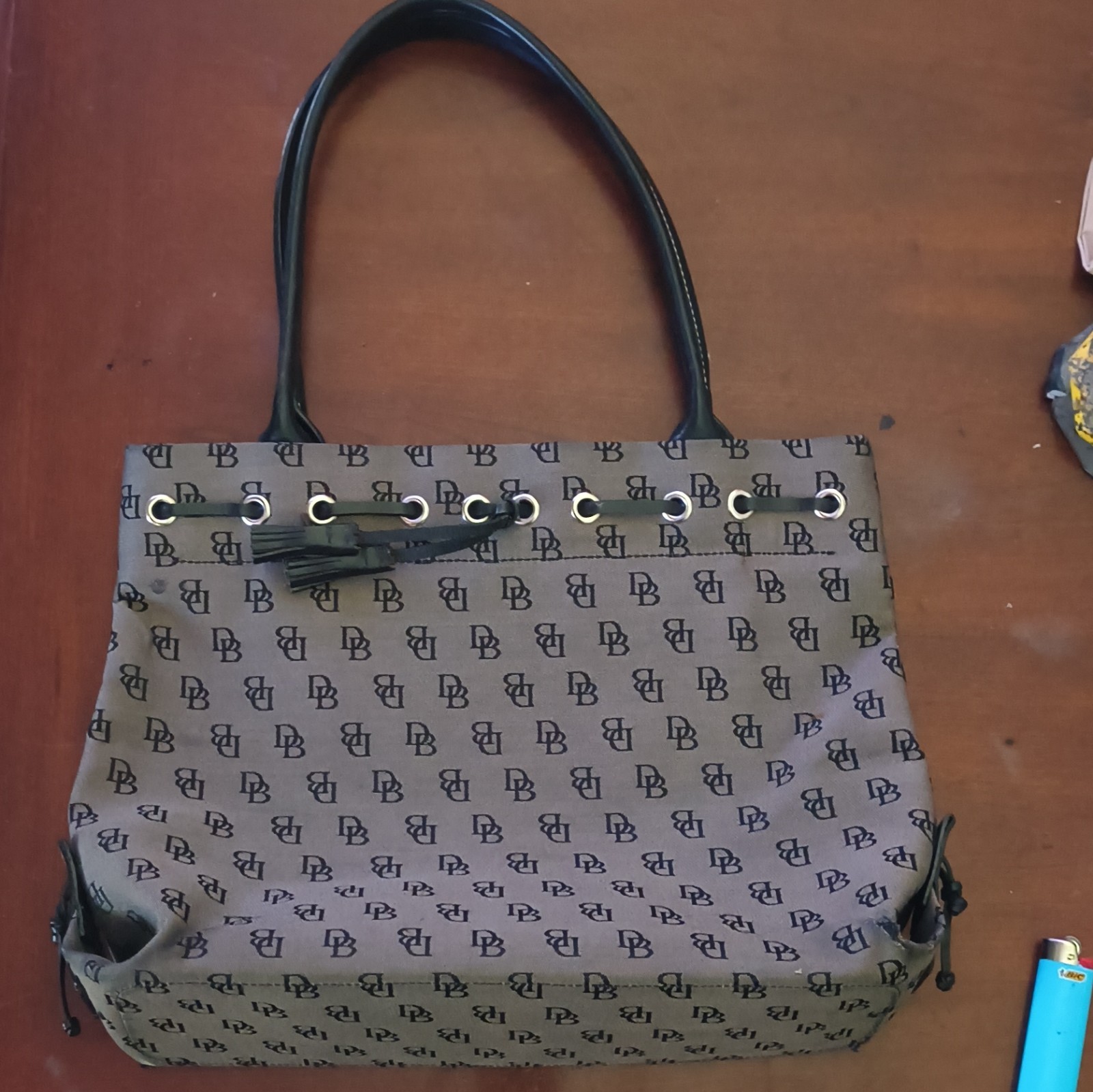 Dooney & Bourke DB Monogram Tan/Black Medium Tote Drawstring Tassel Pockets