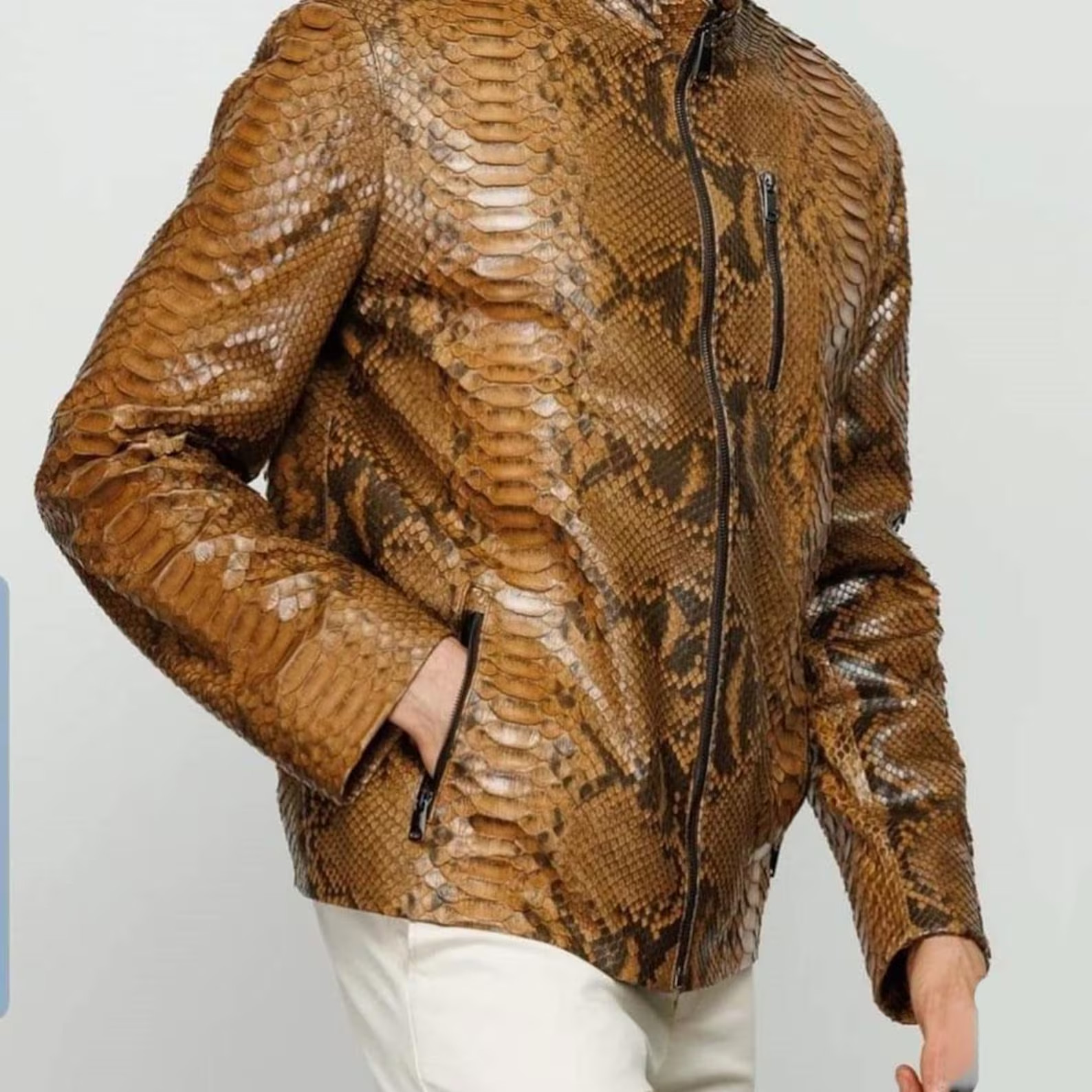 Men’s Snake Print Cow Leather Jacket – Slim Fit Brown Exotic Design Biker Coat