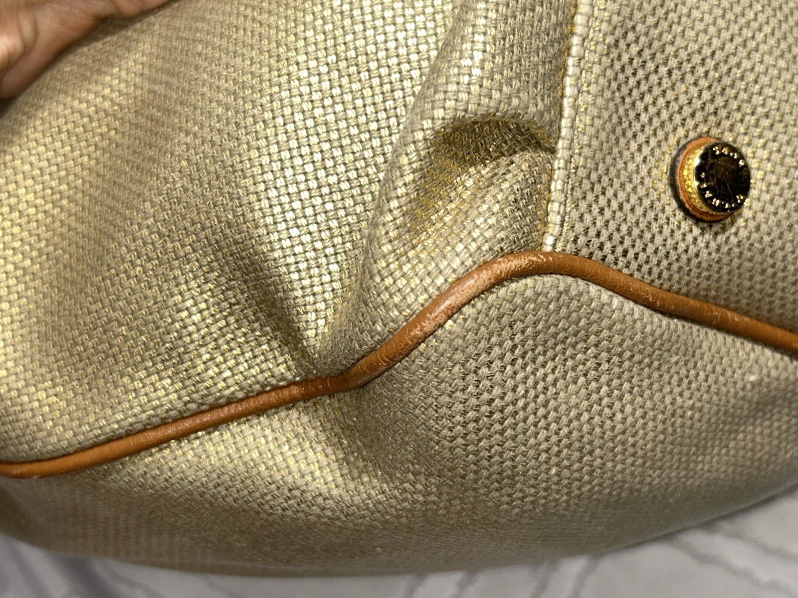 Michael Kors Marina Large Canvas Drawstring Tote Bag Gold Metallic Brown Leather