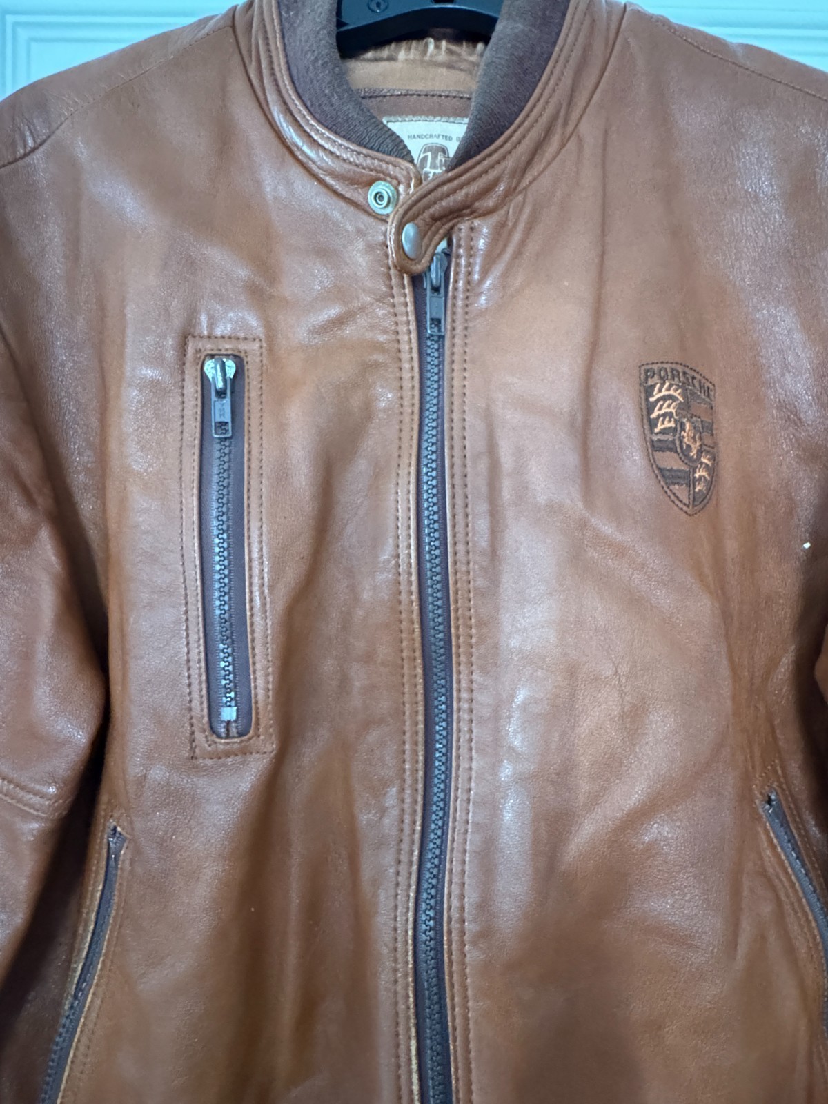 VINTAGE LEATHER PORSCHE JACKET ZIP UP THE LEATHER WORKS CALIFORNIA 21.5″x27.5″