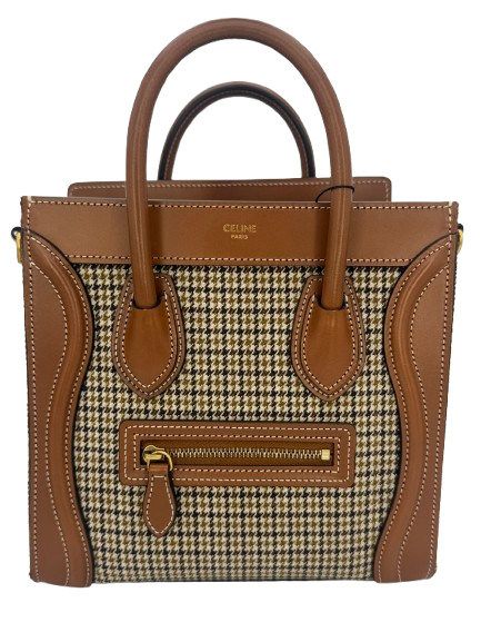 Celine Luggage Nano Tote Houndstooth Tweed & Tan Leather Top Handle Shoulder
