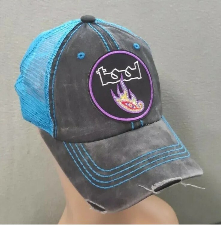 Tool Hat Distressed Black & Neon Blue Mesh Adjustable Hat