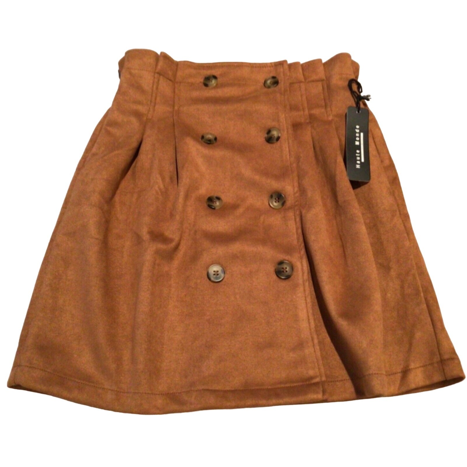 NWT Haute Monde Brown Suede Skirt Button Front Ruffle Waist Women’s Size Medium