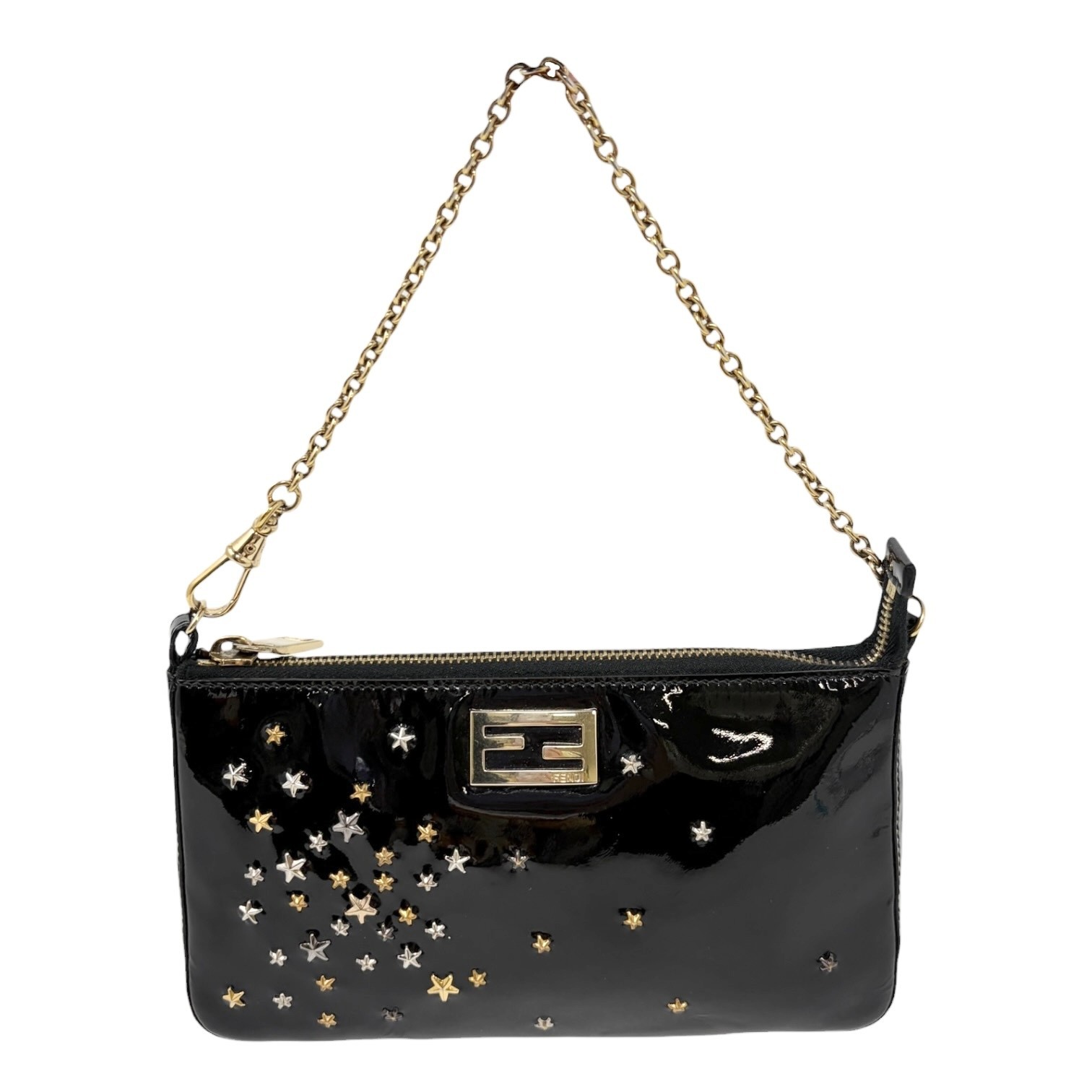 FENDI Vintage FF Logo Star Studs Mini Chain Shoulder Bag Black Gold 902276
