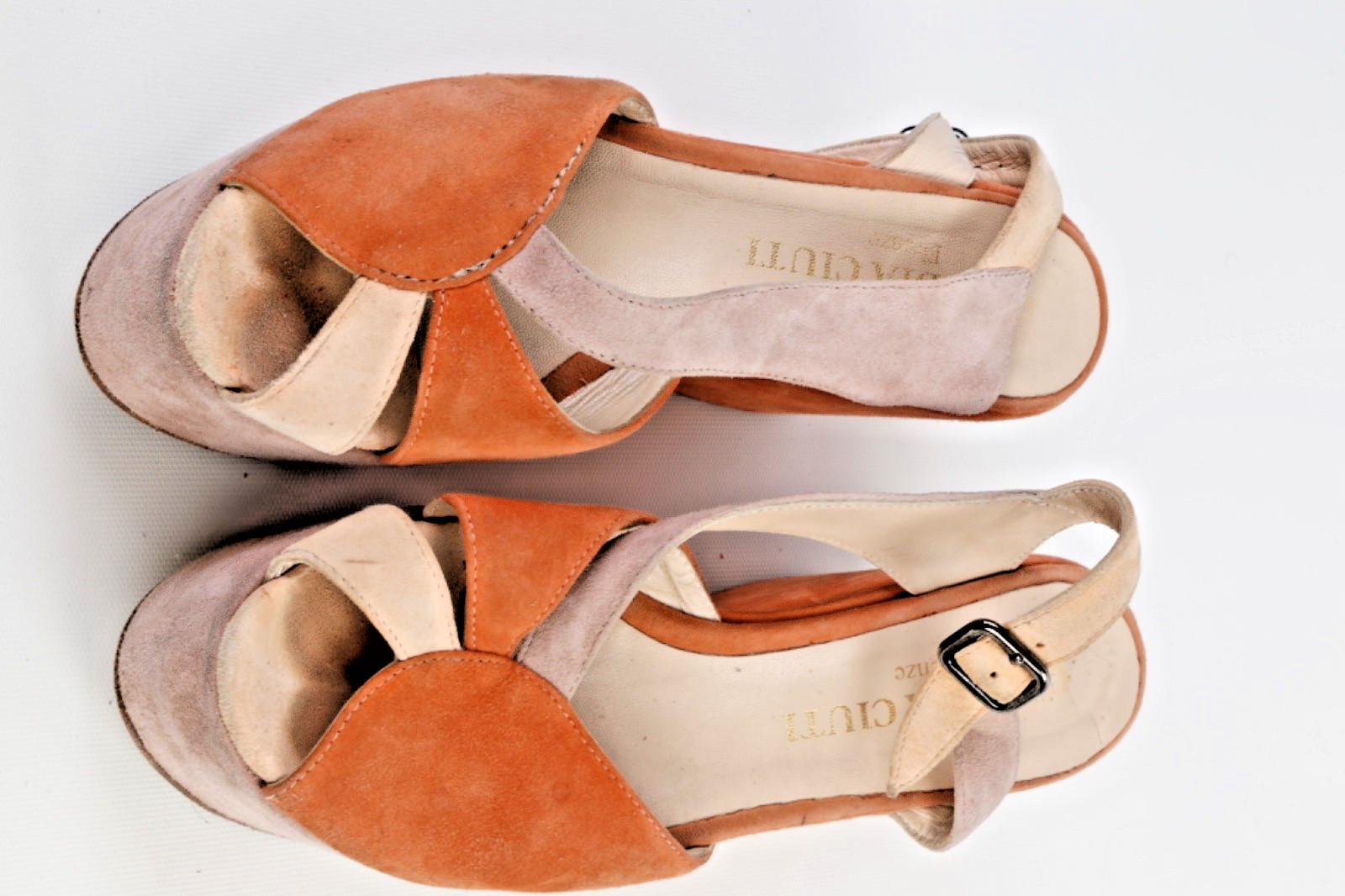 Claudia Ciuti Italian Suede Platform Wedge Sandals Tan Orange Colorblock Size 7M