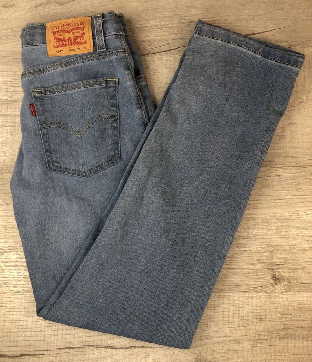 Levi’s 514 Jeans Lite Blue Denim Womens Tag Size 14 Reg W27xL29 (Actual 26.5×28)