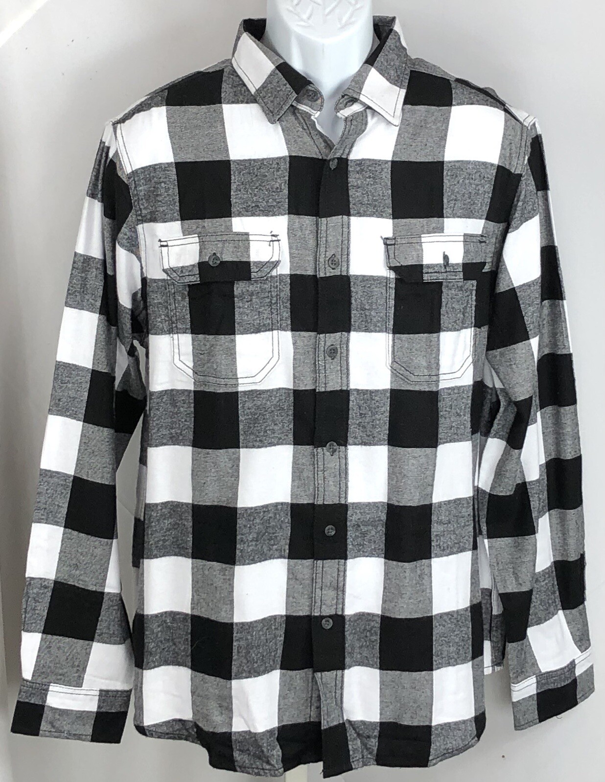 NWT George flannel shirt XS Wht Blk Buffalo Plaid Button Up Long Sleeve Collar