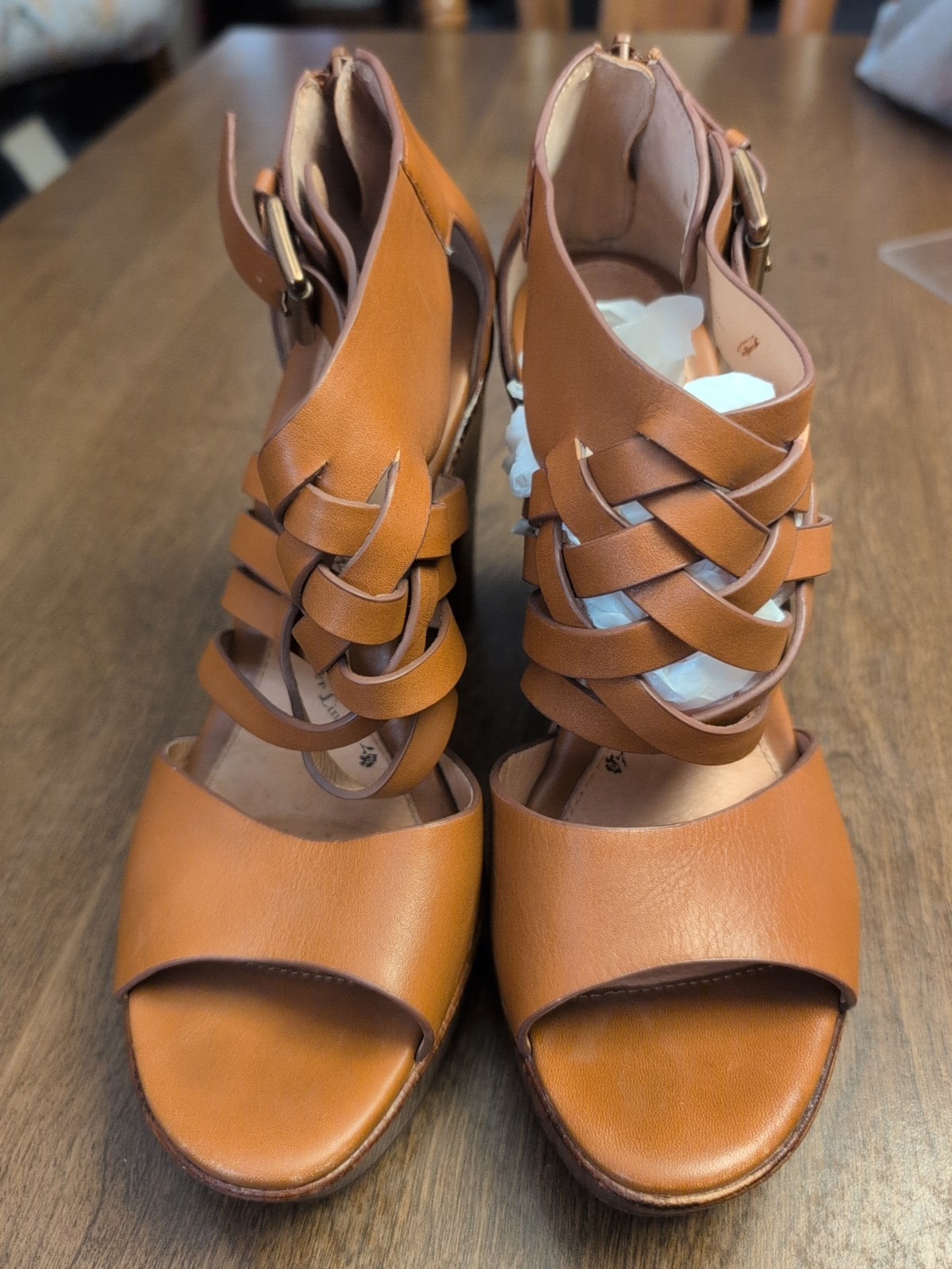 Sofft 9.5 Ohanna Brown Tan Vowen Leather Heel Sandal Weave Boho Platform Retro