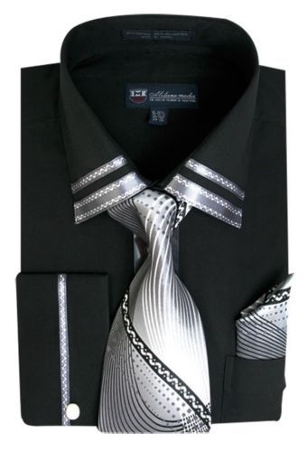 Fortino Landi Men’s French Cuff Dress Shirt with Tie and Handkerchief SG28