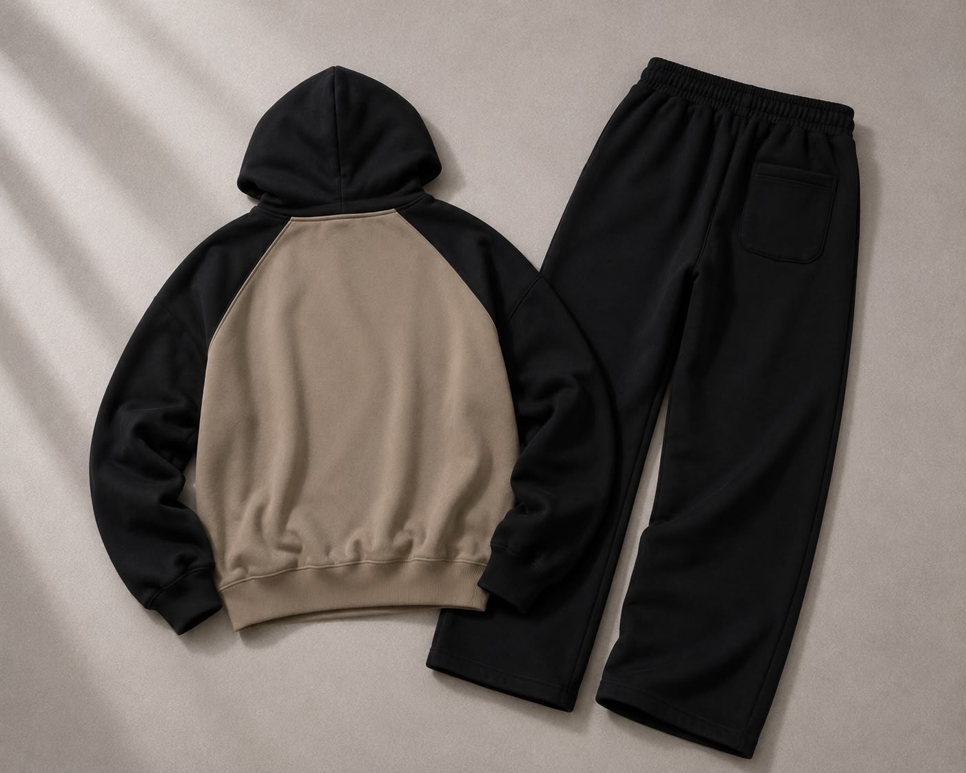 Women’s 2 Piece Hoodie & Wide Leg Pants Set Beige Black Casual Tracksuit Outfit