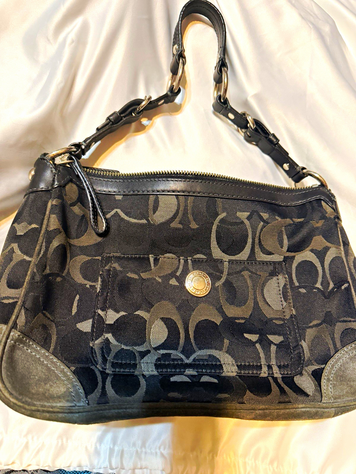 Coach Signature C Logo Black/Gray Shoulder Bag Zip Top Detachable Strap