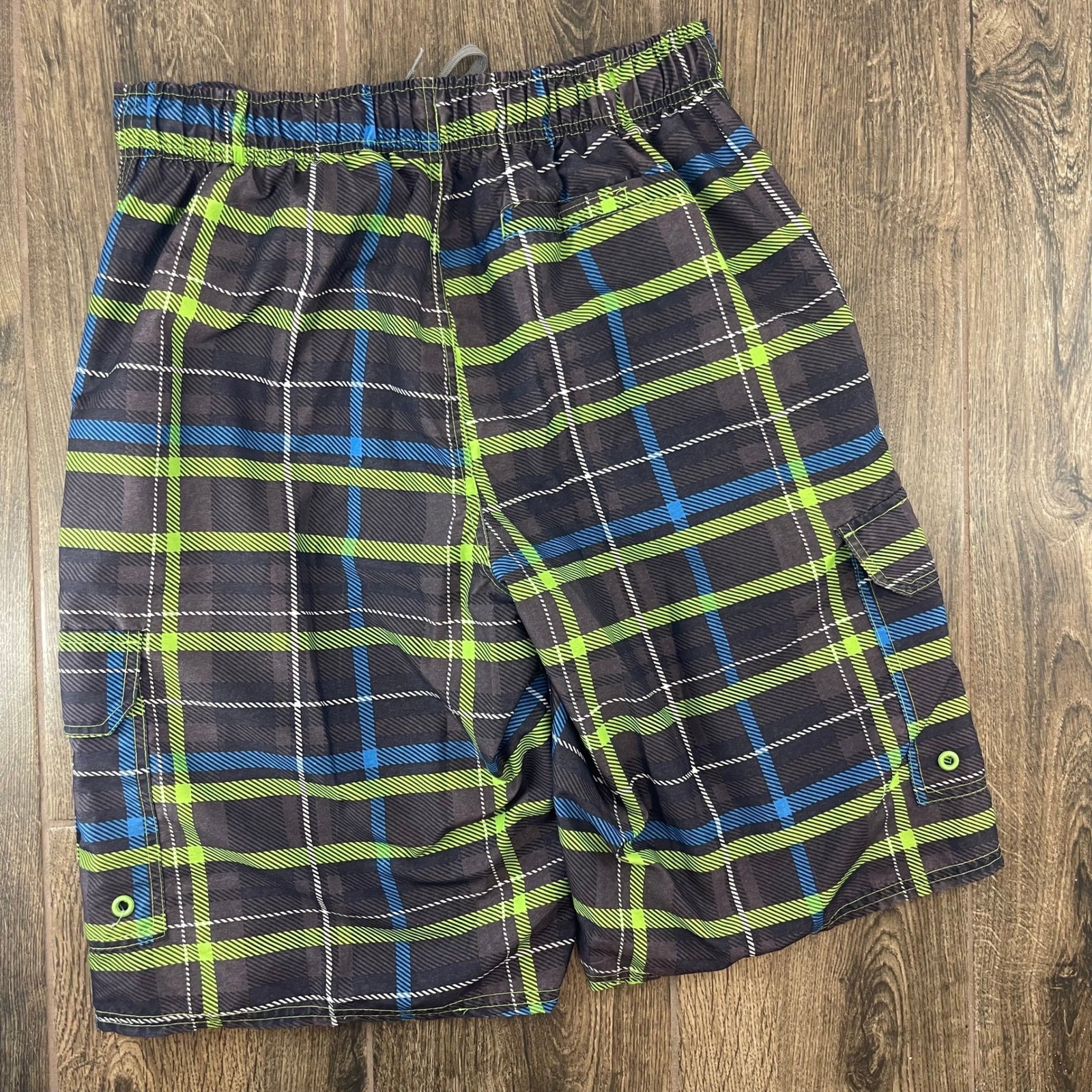 Y2K Airwalk Board Shorts Mens M Black Neon Green Blue Plaid Cargo Swim VTG