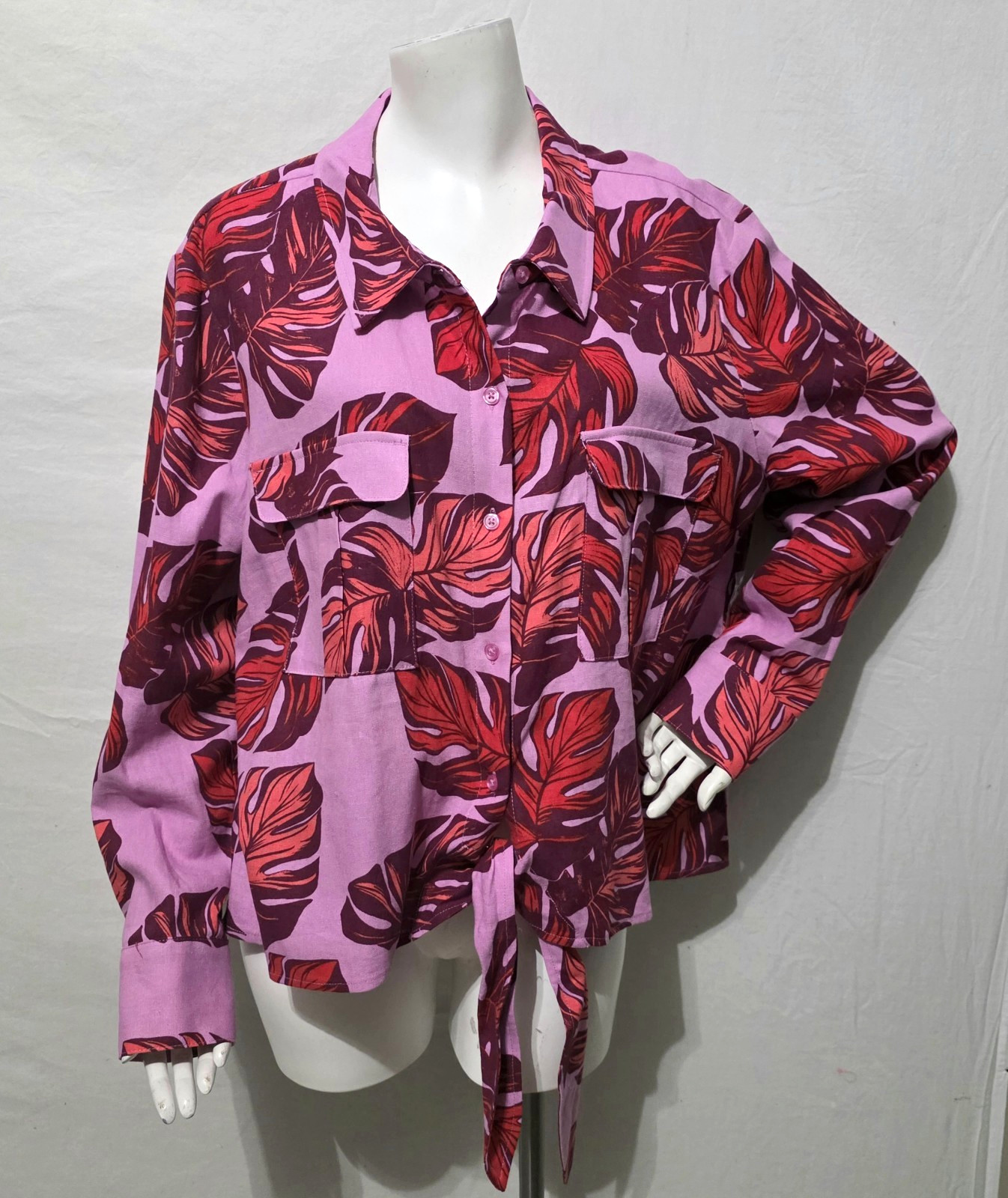 Sophia Vergara Jeans Shirt Top XXL Tropical Leaves Tie Waist Button Up Colorful