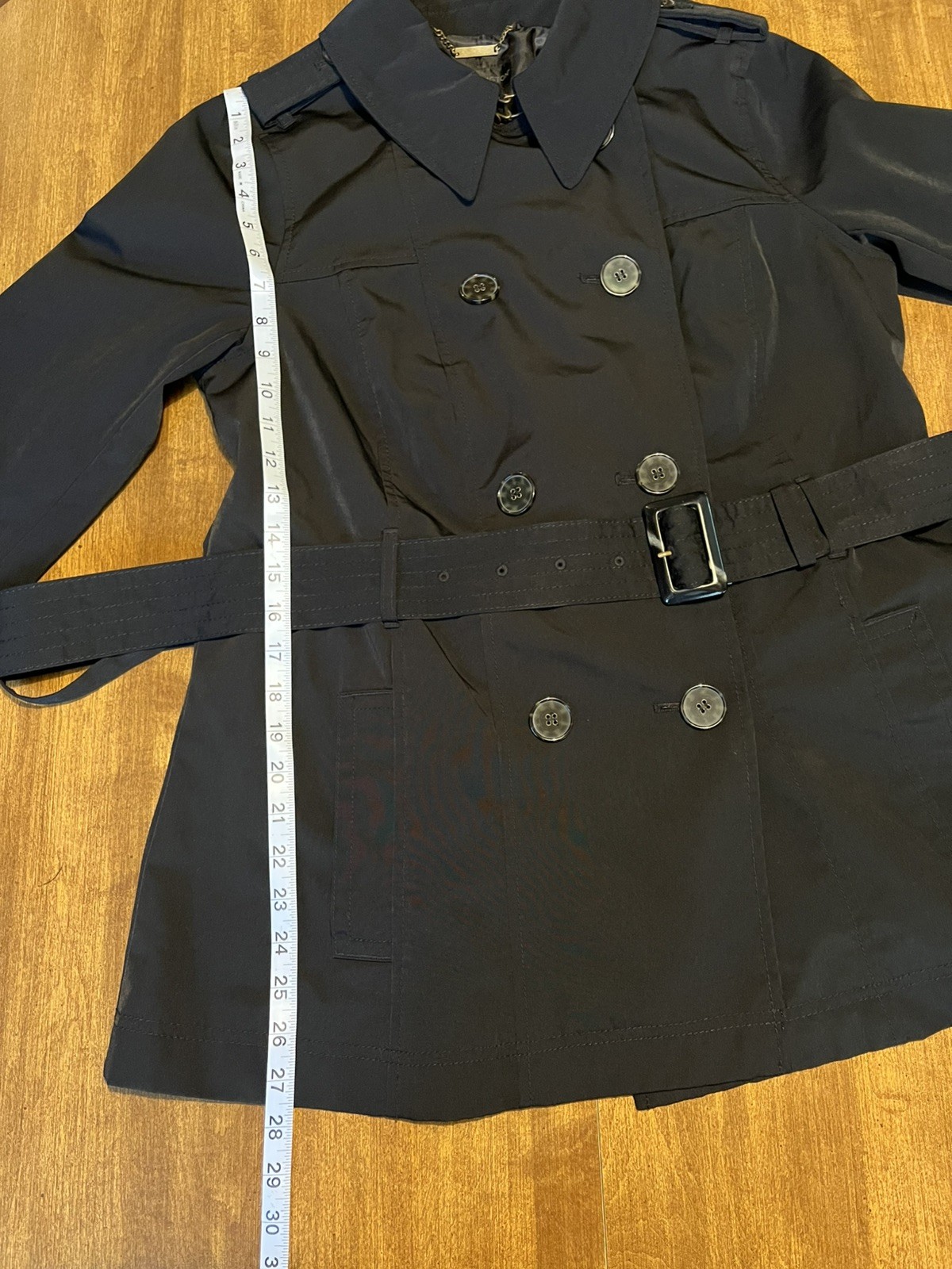 Worthing Black Trench Rain Coat Women’s Size L Mid Length Jacket Belted Classic
