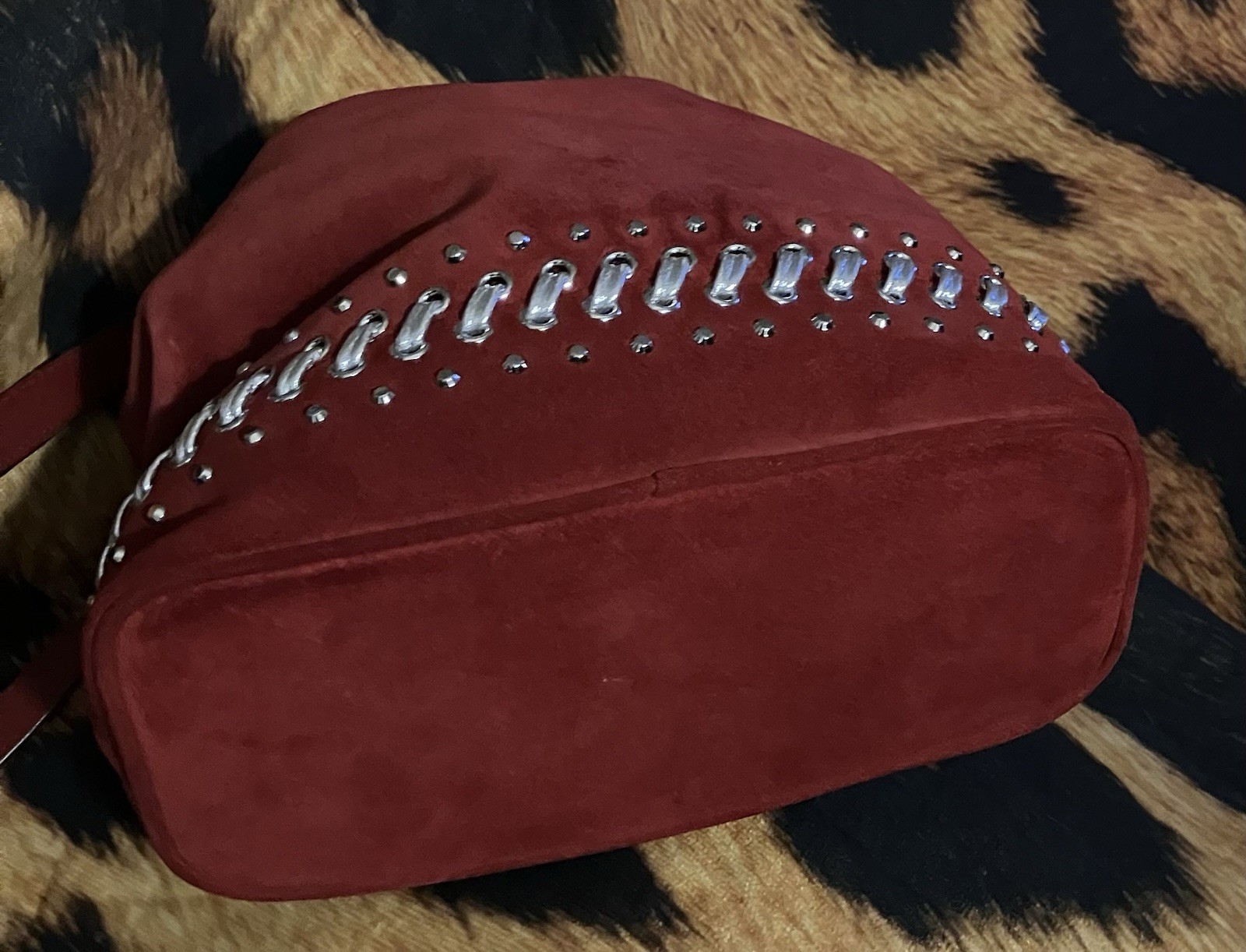 MICHAEL KORS RED HIPPIE JULES SUEDE CROSSBODY SILVER LACES, STUDS AND DRAWSTRING
