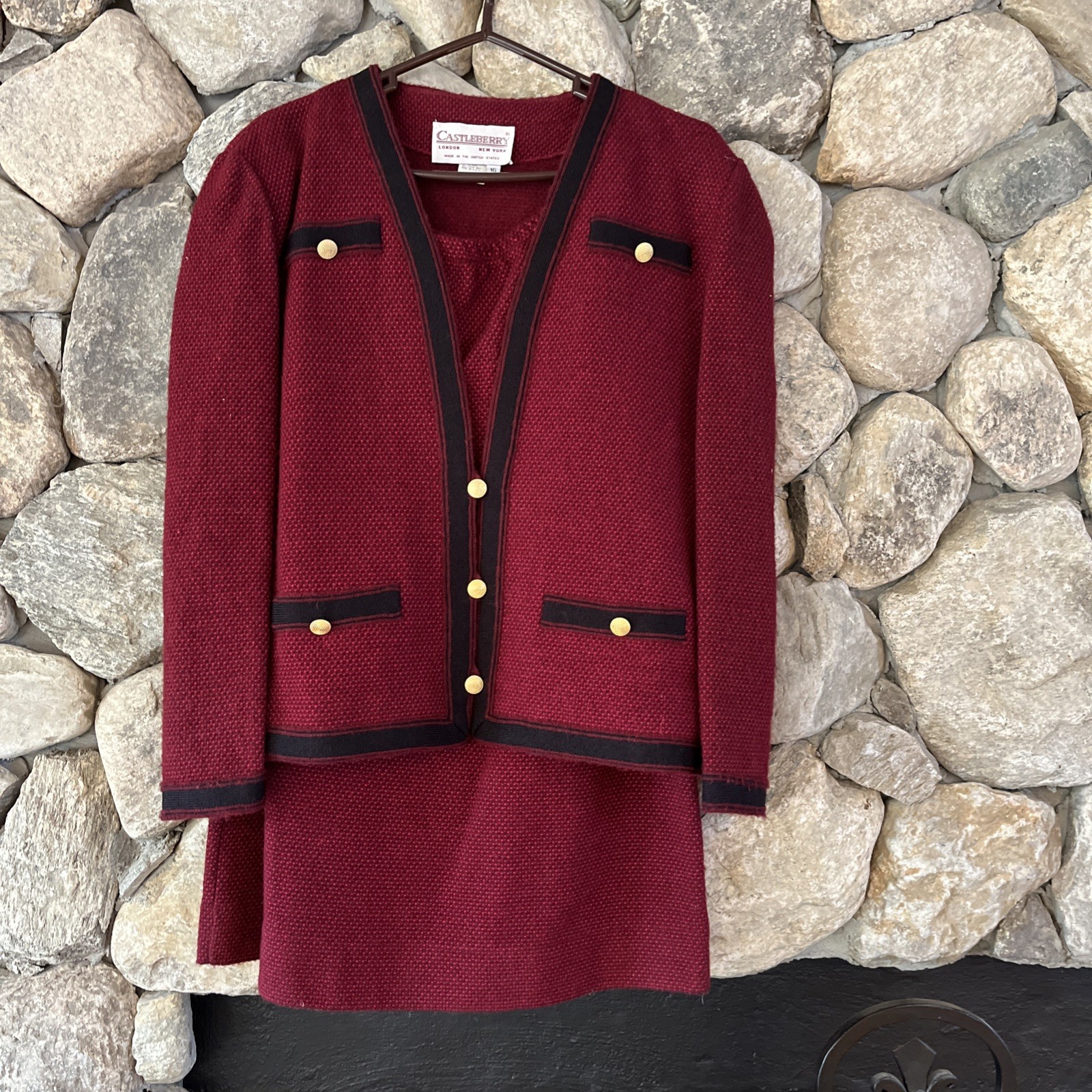 Castleberry Cranberry Red Black Knit Wool Blend Skirt Suit Set Jacket Top 3 Pcs