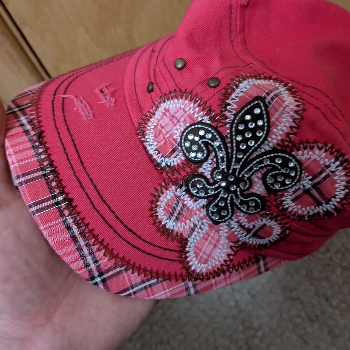 Kbethos Baseball Hat Fleur De Lis Womens Cap Embroidered Logo Rhinestones Pink