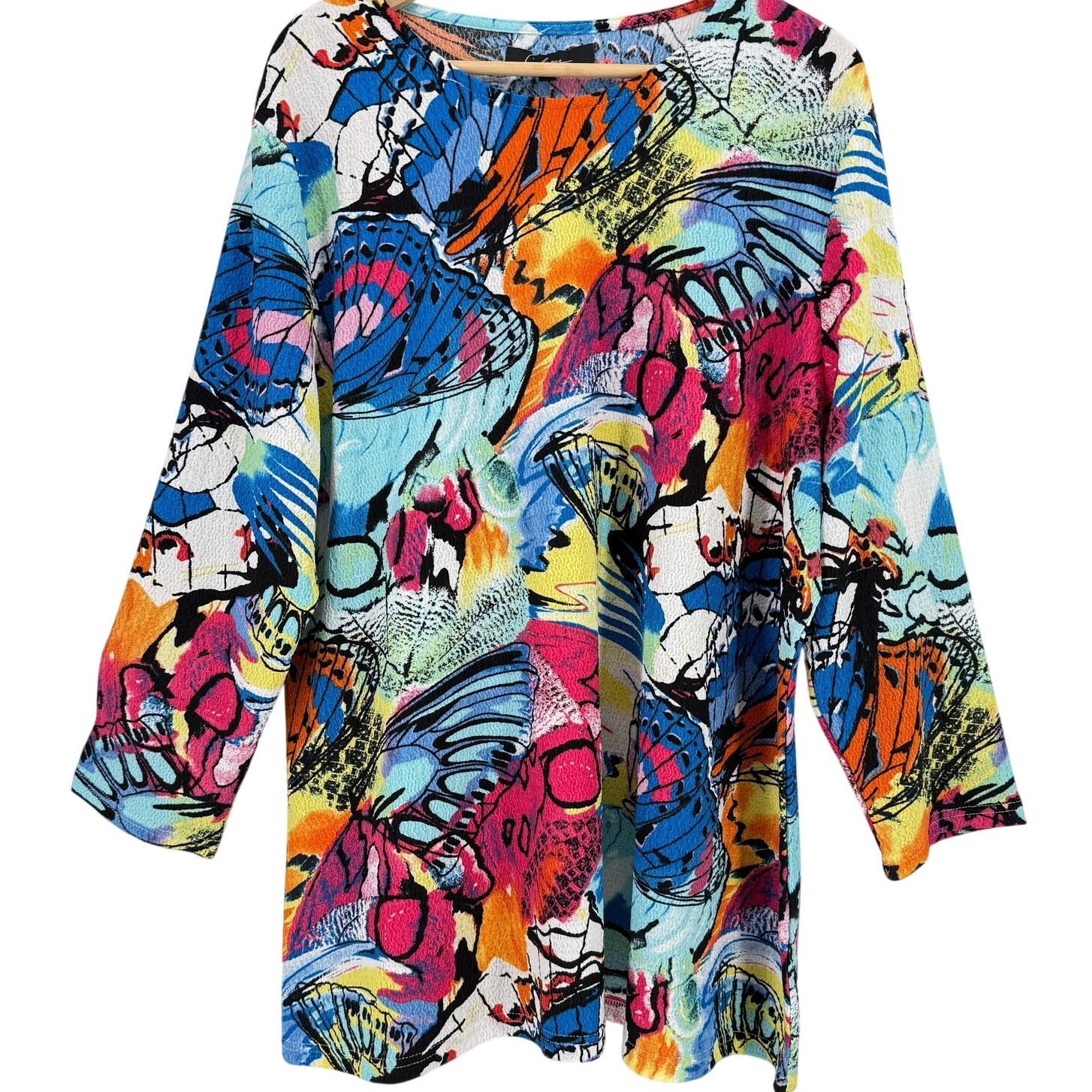 Calessa Crinkled Butterfly Print Tunic Shirt Plus Size 2X Art To Wear Textured