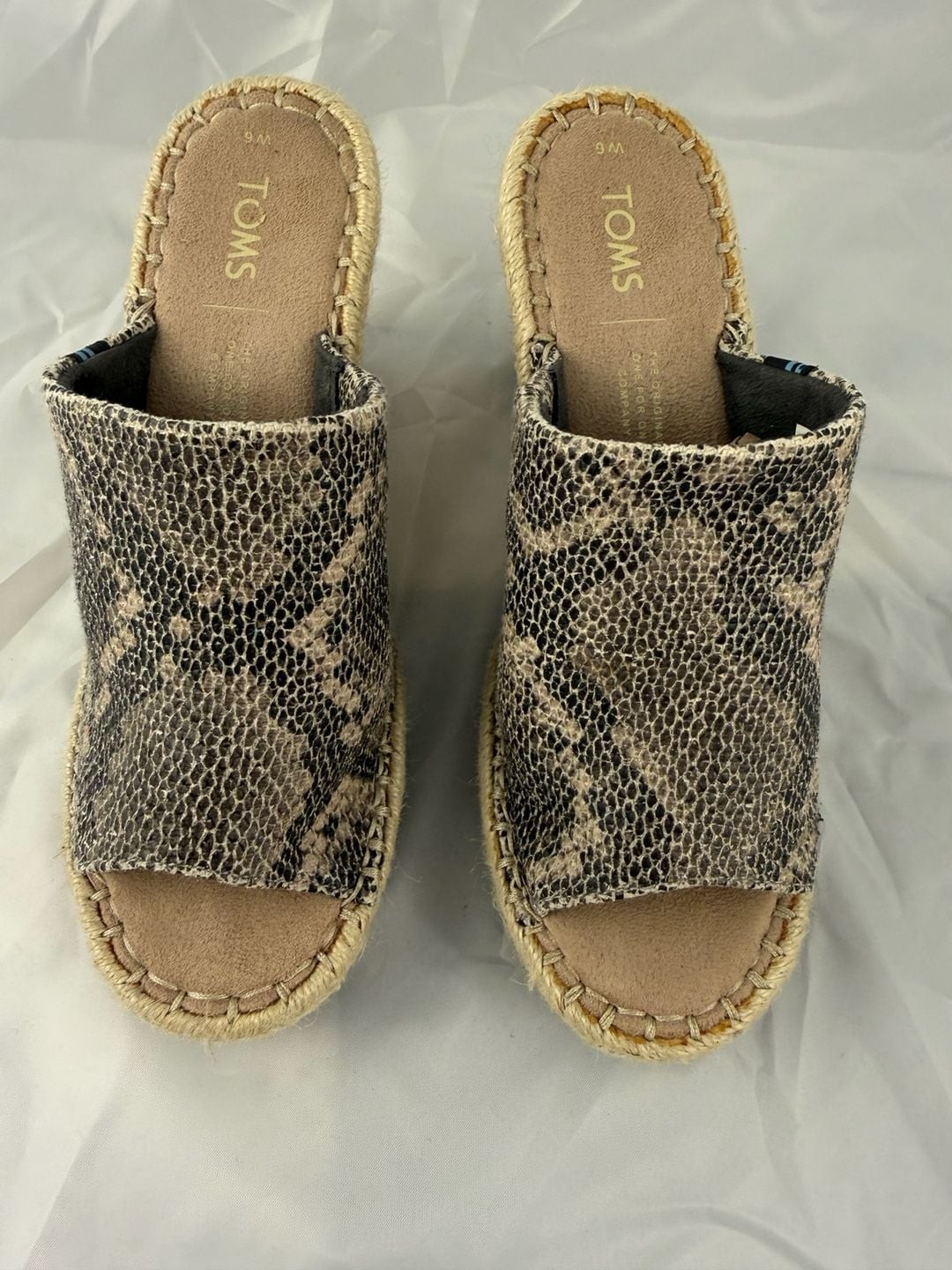 Toms Womens size 6 M Faux Leather snake print wedges mules.