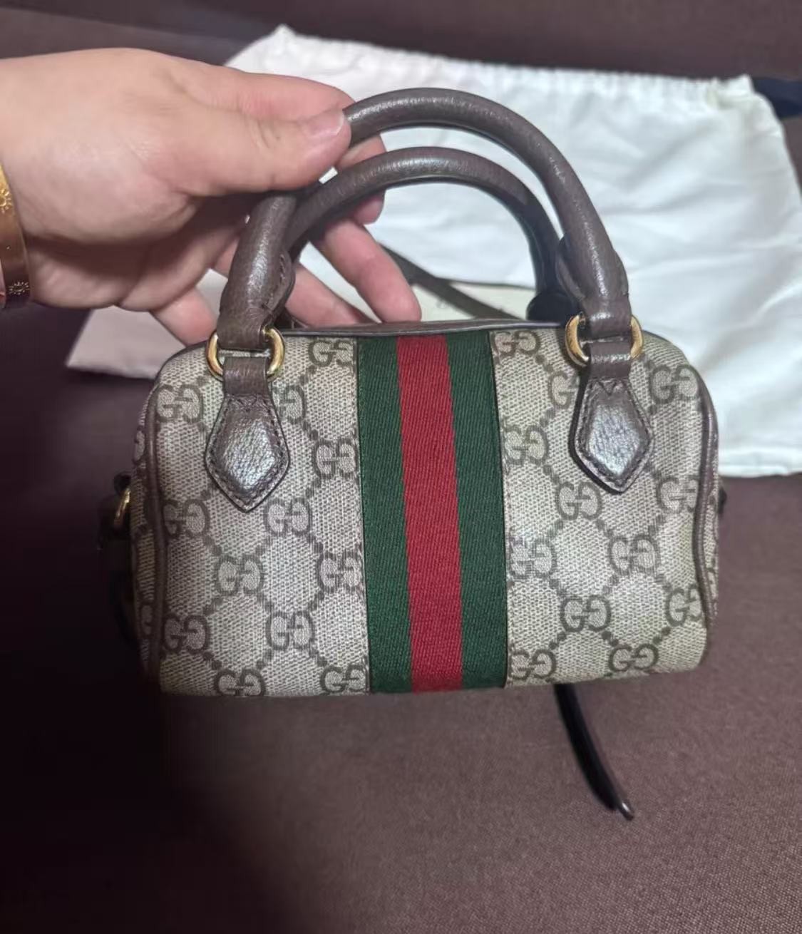 GUCCI Ophidia Mini Boston Beige/Ebony GG Canvas Top Handle Bag hot sale Auth
