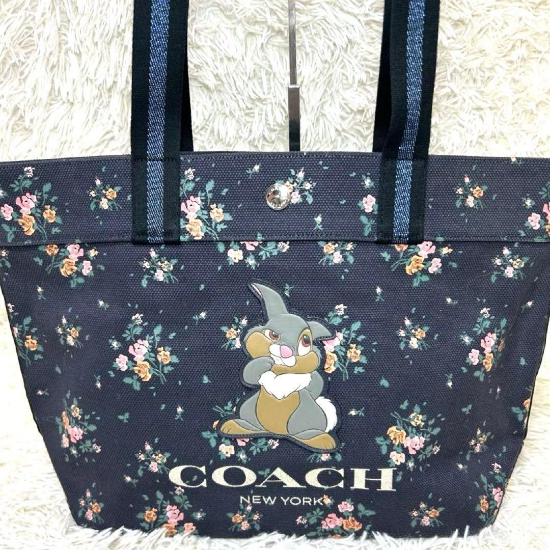 COACH Disney 91116 Tote Bag Navy Canvas with Multi Floral Print Large Capacity