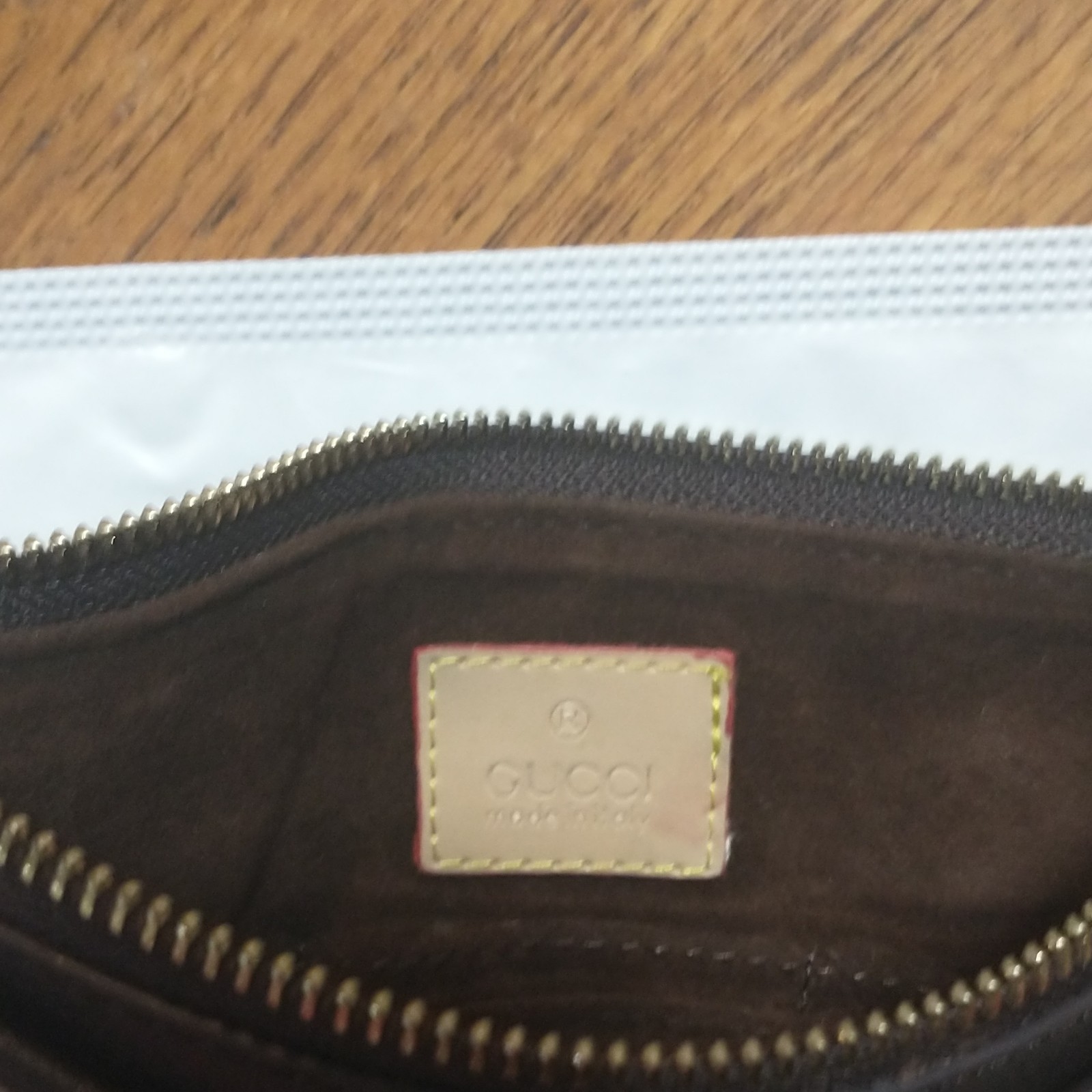 Gucci GG Monogram Zip Wristlet Clutch Pouch Beige Brown Lined Gold