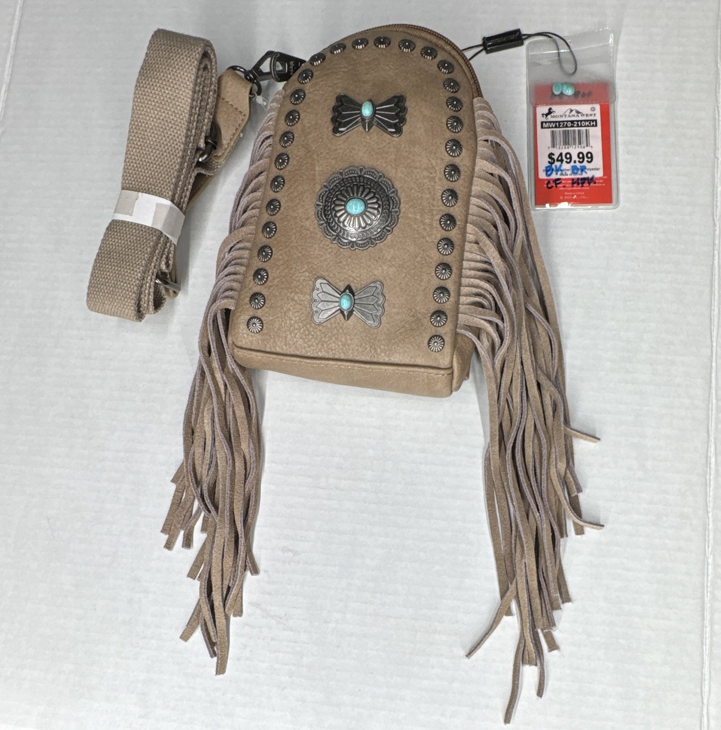 Montana West Khaki Western Fringe Studded Crossbody Bag Zip Detachable Strap