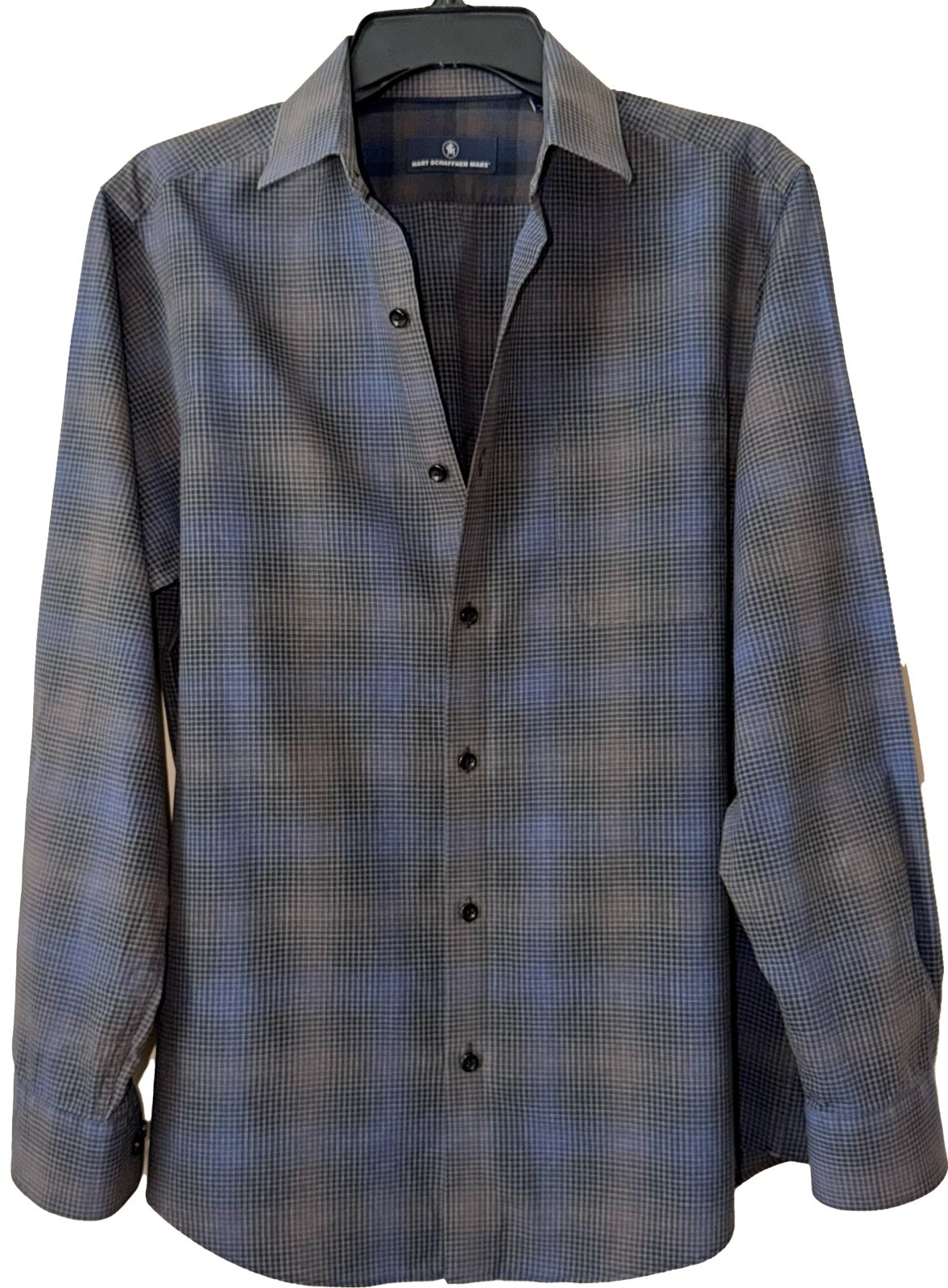 Hart Schaffner Marx Mens M Gray Blue Check 100% Cotton Dress Shirt Long Sleeve