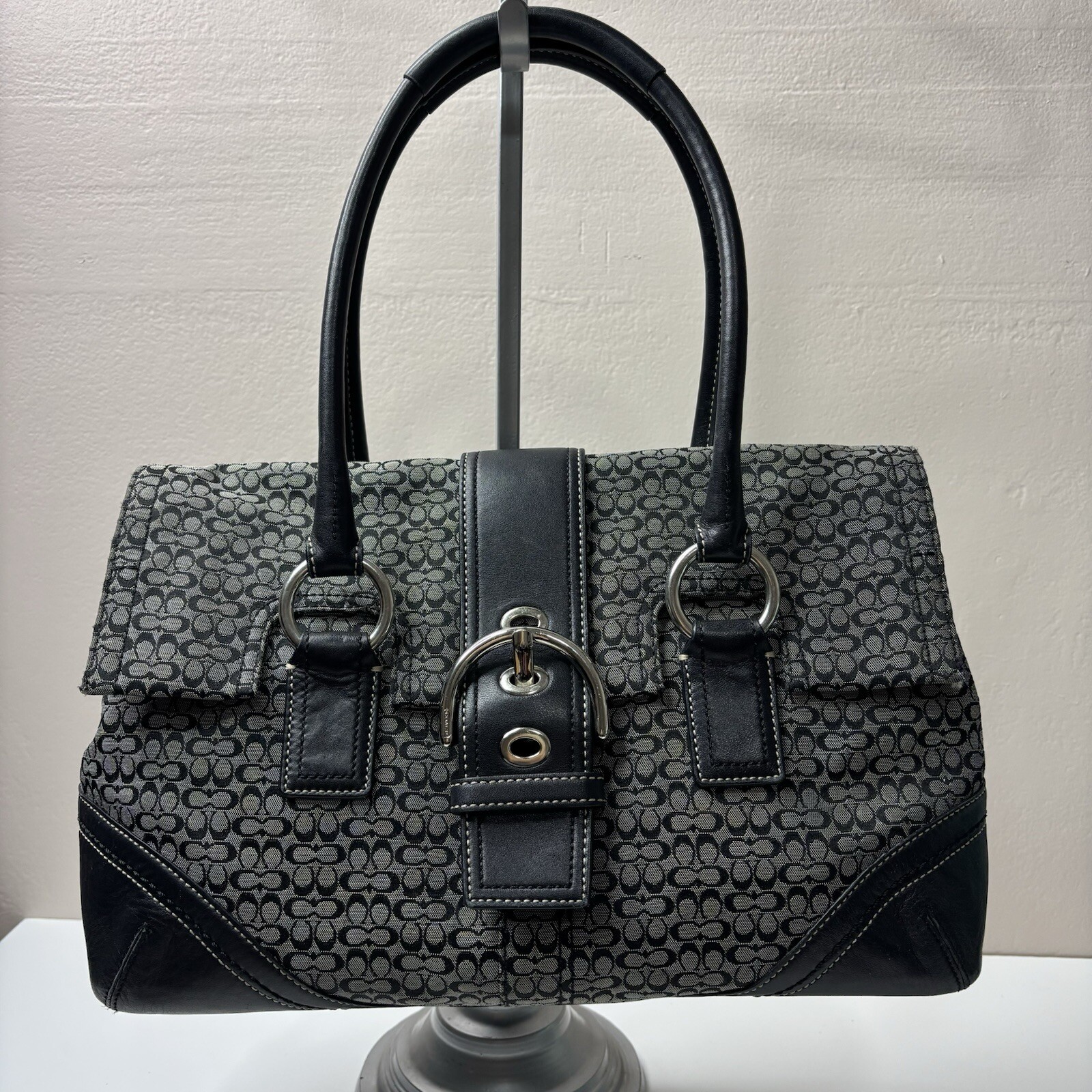 Coach F10929 Black Signature C Satchel, Canvas, Leather Trim, Flap, Snap Closure
