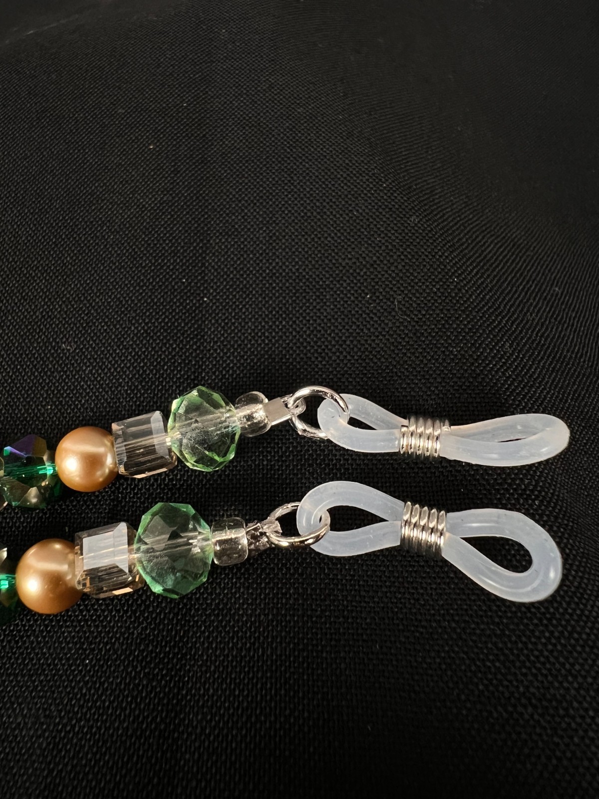 Handmade Eyeglass Chain: Crystal Glass Beads, Green, Tan