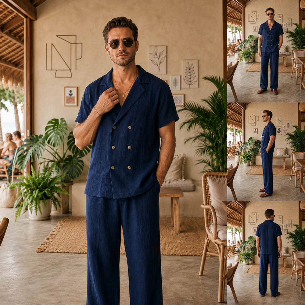 Mens Navy Linen Short Sleeve Shirt Pants Resort Beach Vacation Outfit 2pc Set