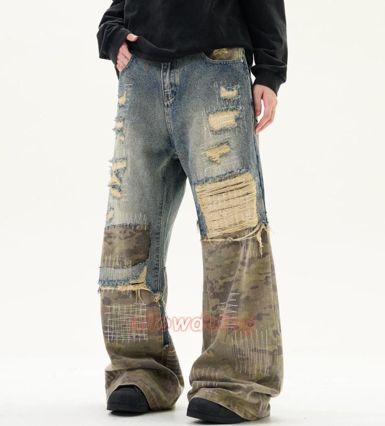 Men’s Blue Denim Camouflage Mixed Ripped Casual Pants Trousers Punk Hip Hop