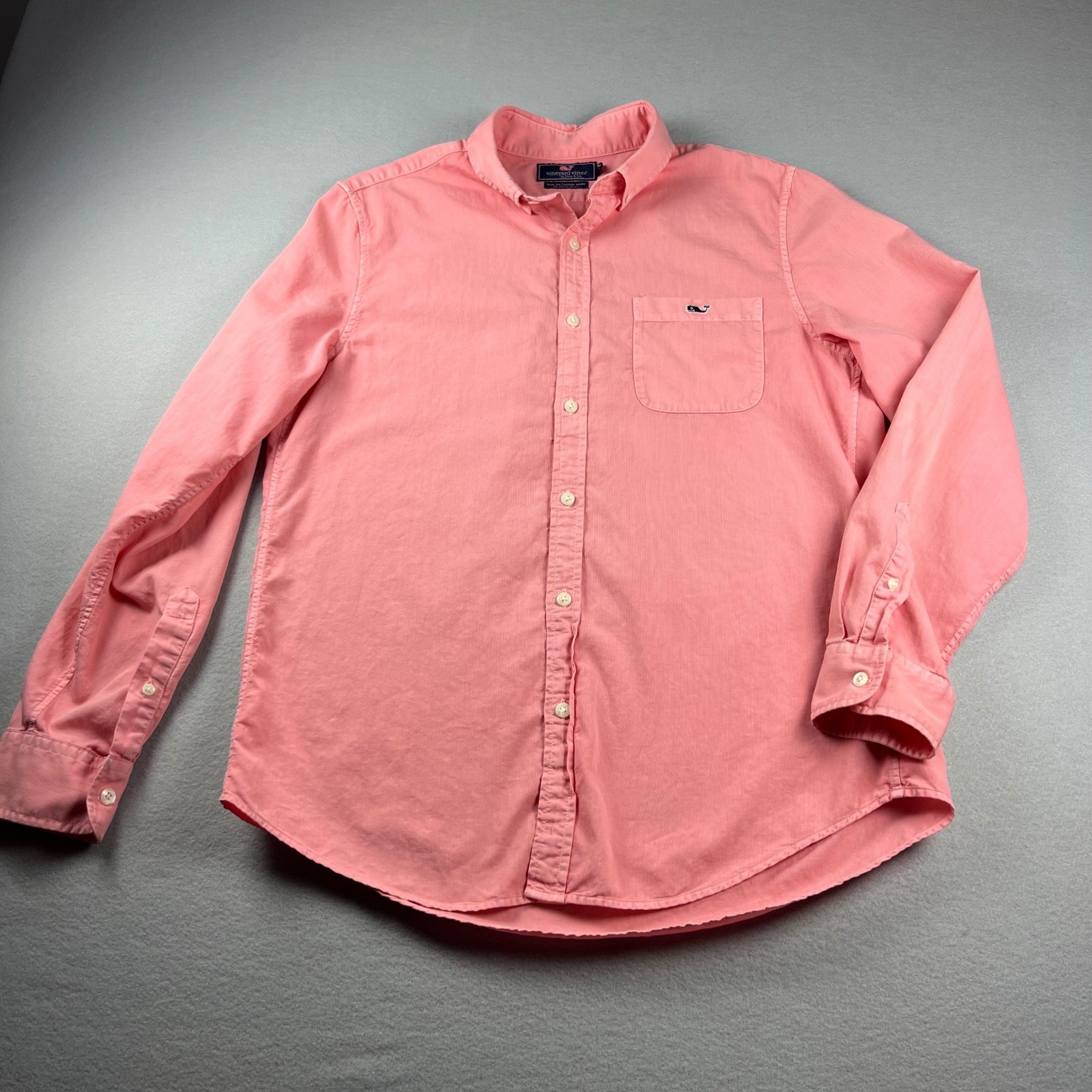 Vineyard Vines Mens Slim Fit Tucker Shirt Salmon Pink Cotton Silk Corduroy Med