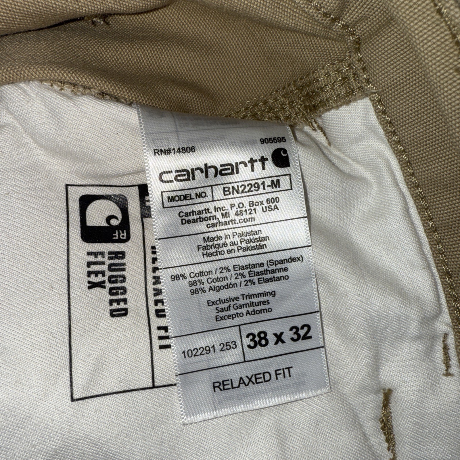 Carhartt Rugged Flex Relaxed Fit Canvas Tan Work Pant 38×32 (38×31 fit) BN2291-M