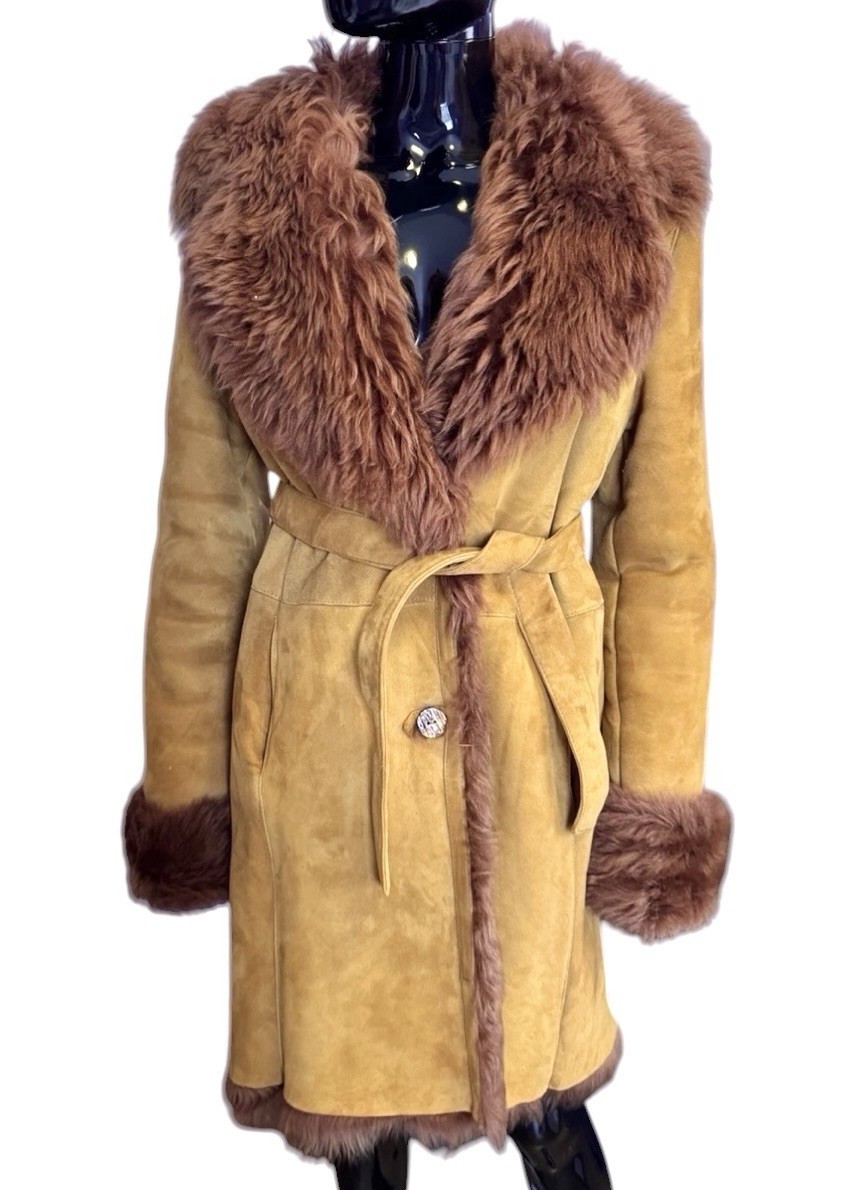 Genuine Toscana Shearling Sheepskin Coat Camel Fur Belted Jacket Women IT 46