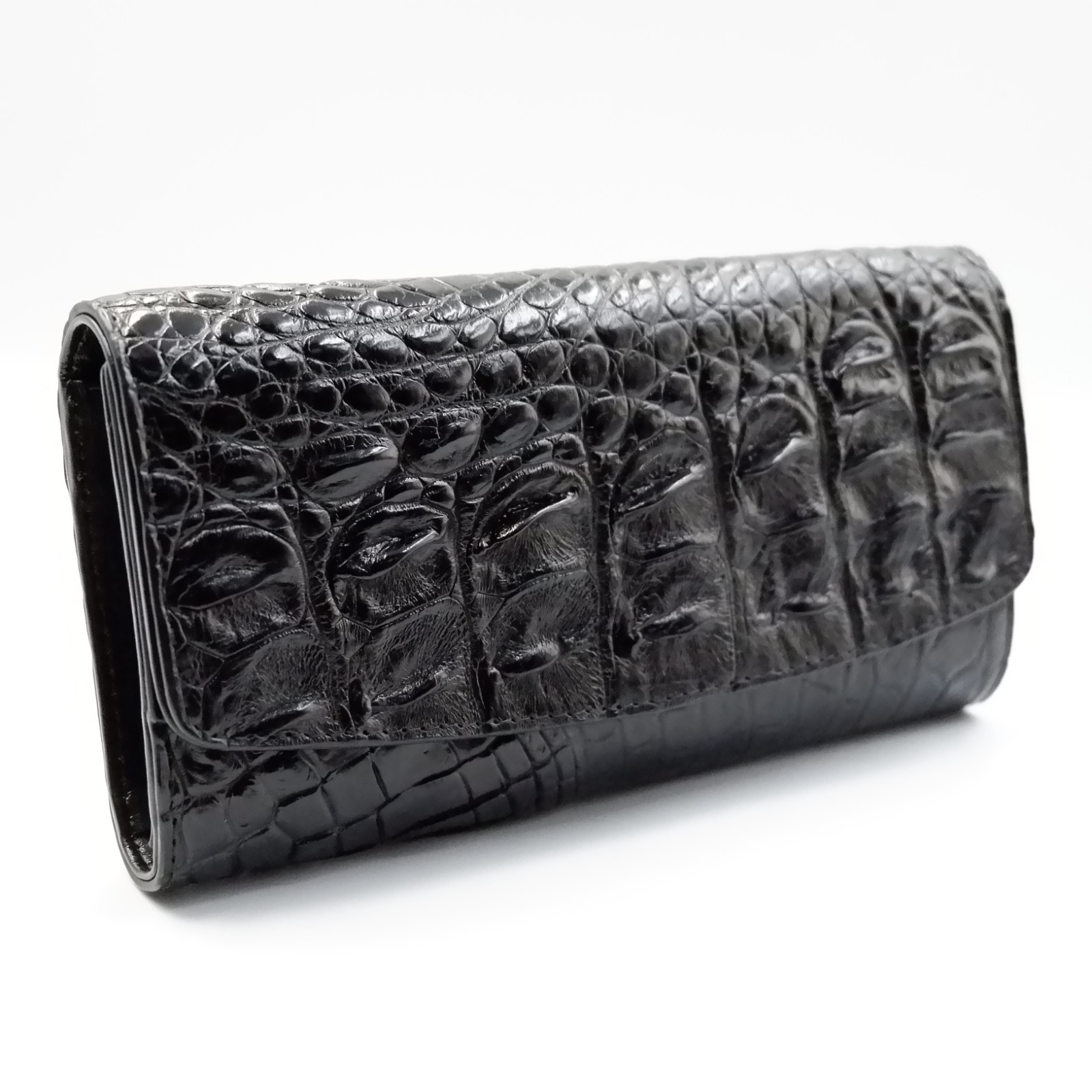 New Black Genuine Croc Leather BackBone Skin Women Tri-fold Clutch Wallet Purse.