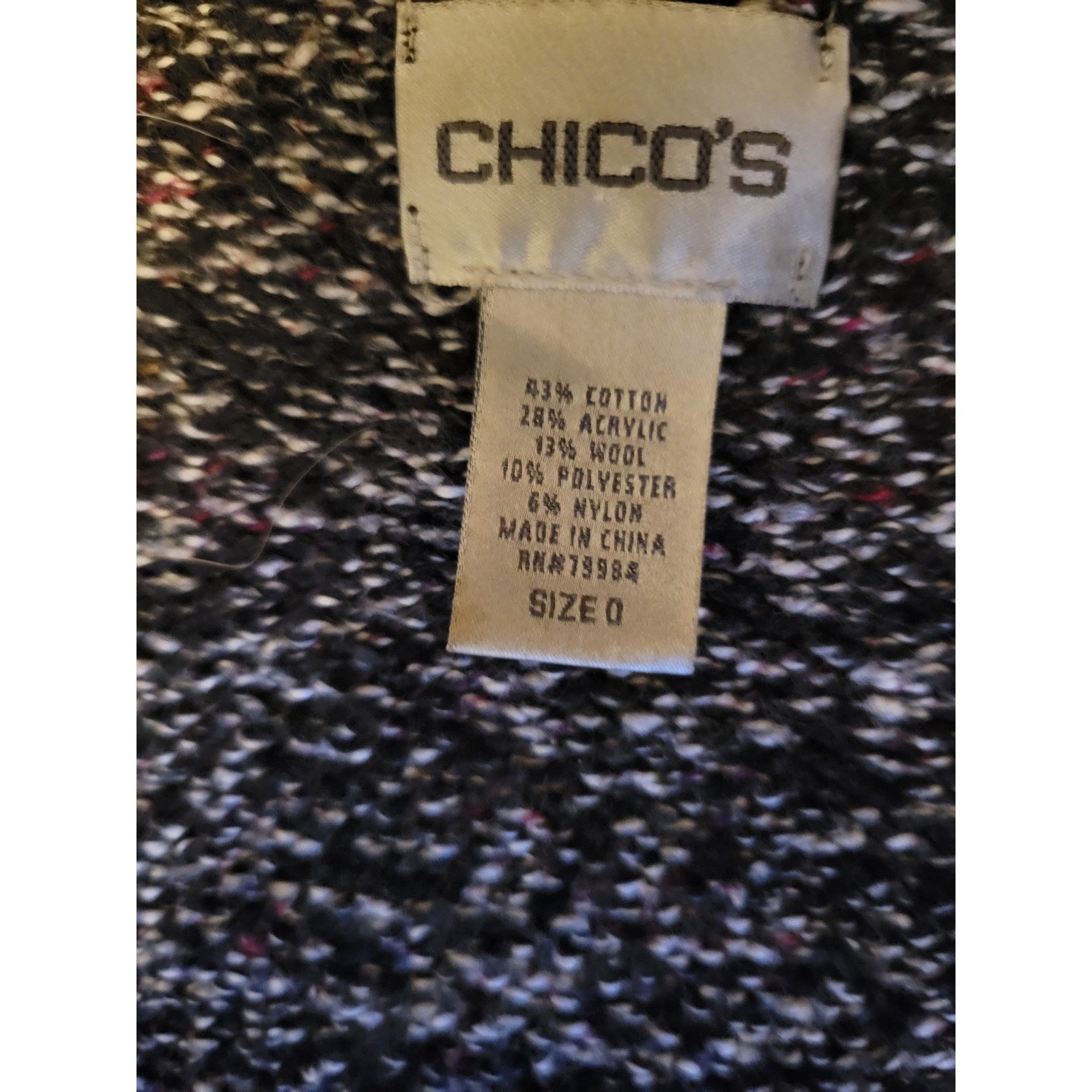 Chicos Marled Knit Cardigan Sweater Black White Button Front Size 0 Longline 814