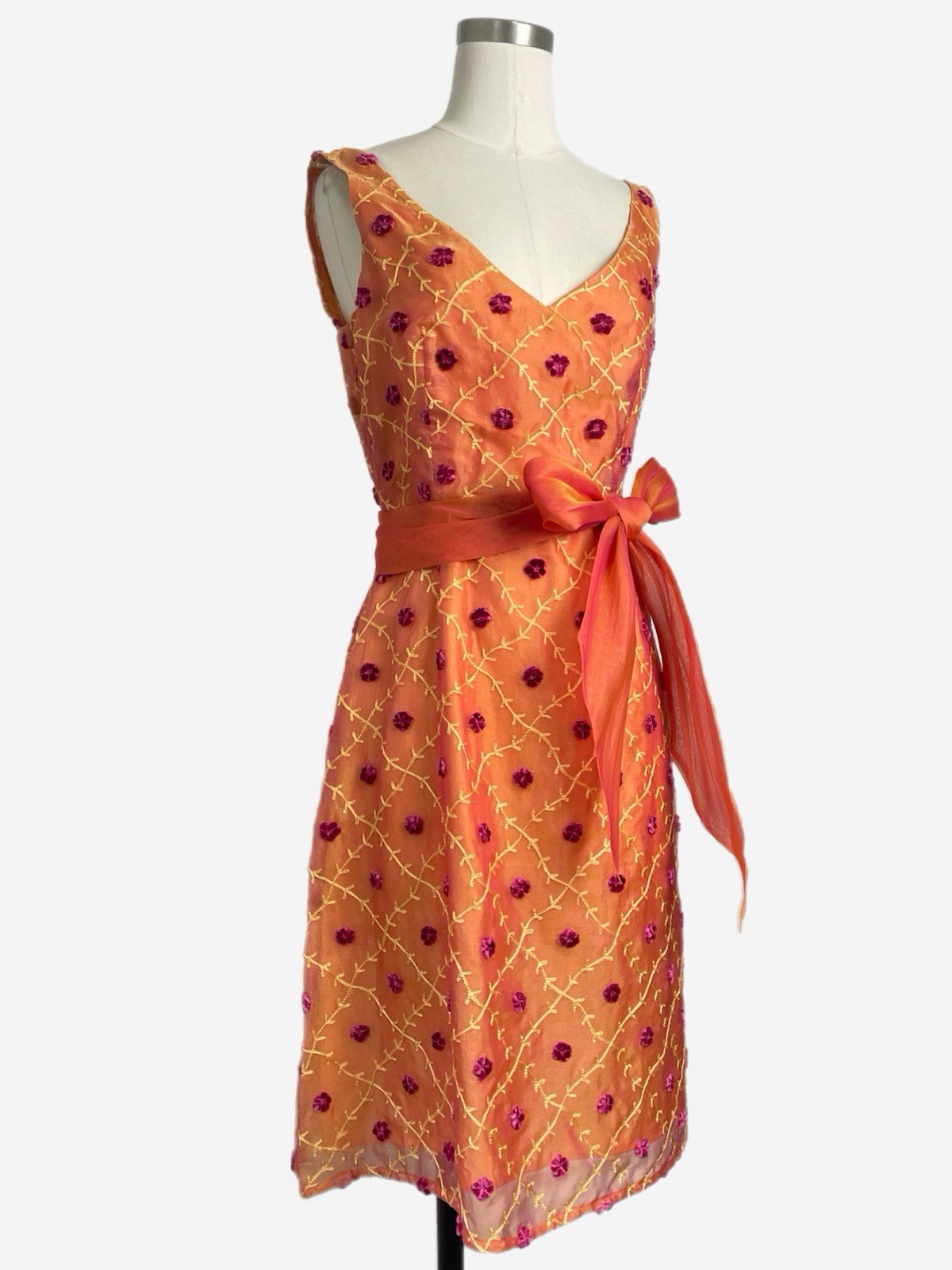 Vintage Y2K Sara Campbell Orange silk embroidered 3D floral midi dress bow 6