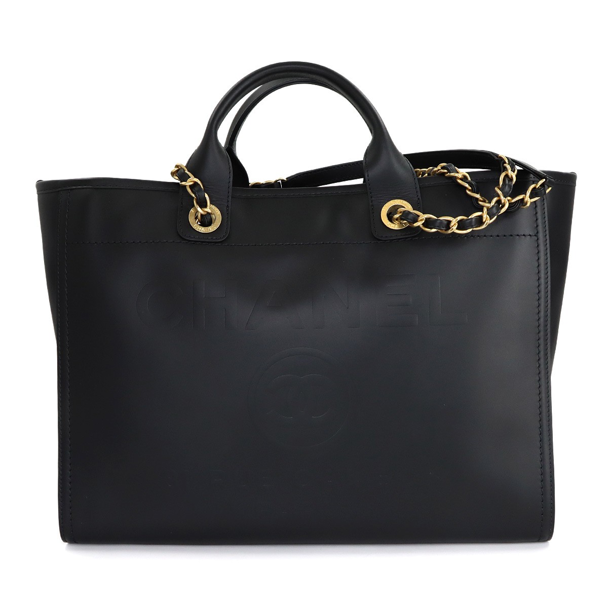 CHANEL Deauville GM Tote Chain Shoulder Bag Leather Black Purse 90322242