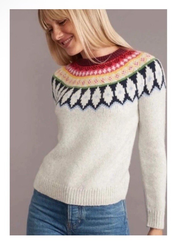 Marine Later Fair Isle Yoke Cream Multi Color Nordic Pattern Crew Pullover
