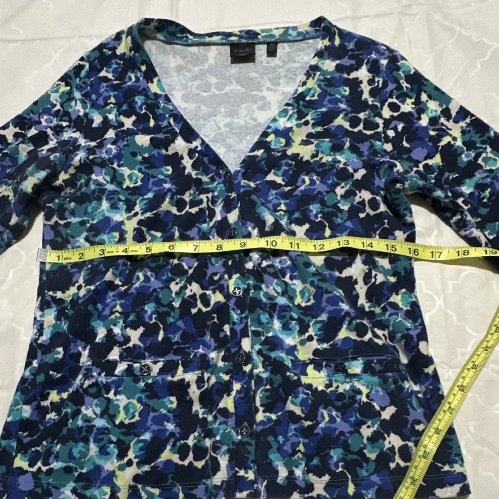 Rafaella Blue Floral Cotton Button-Up Blouse 3/4 Sleeve V-Neck Women Size M