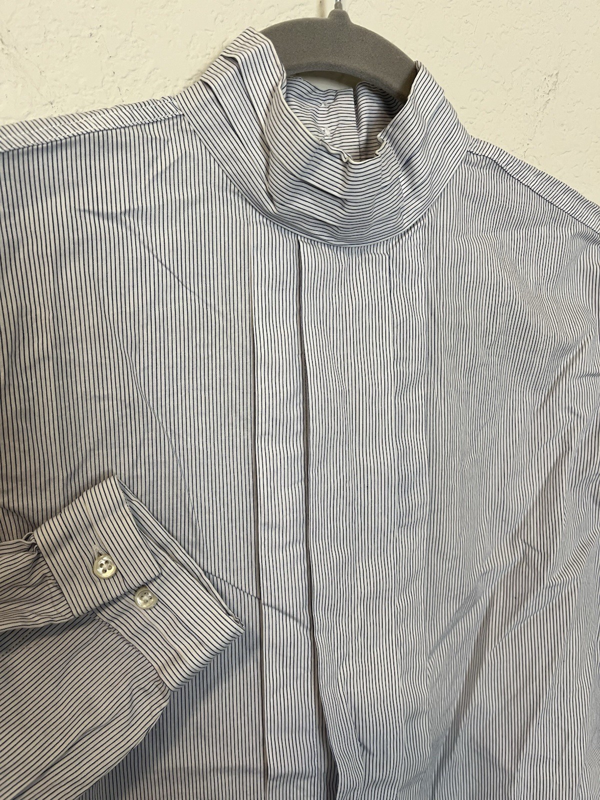 Lands End Blouse Women’s 8 Button Blue High Neck Long Sleeve Classic 100% Cotton