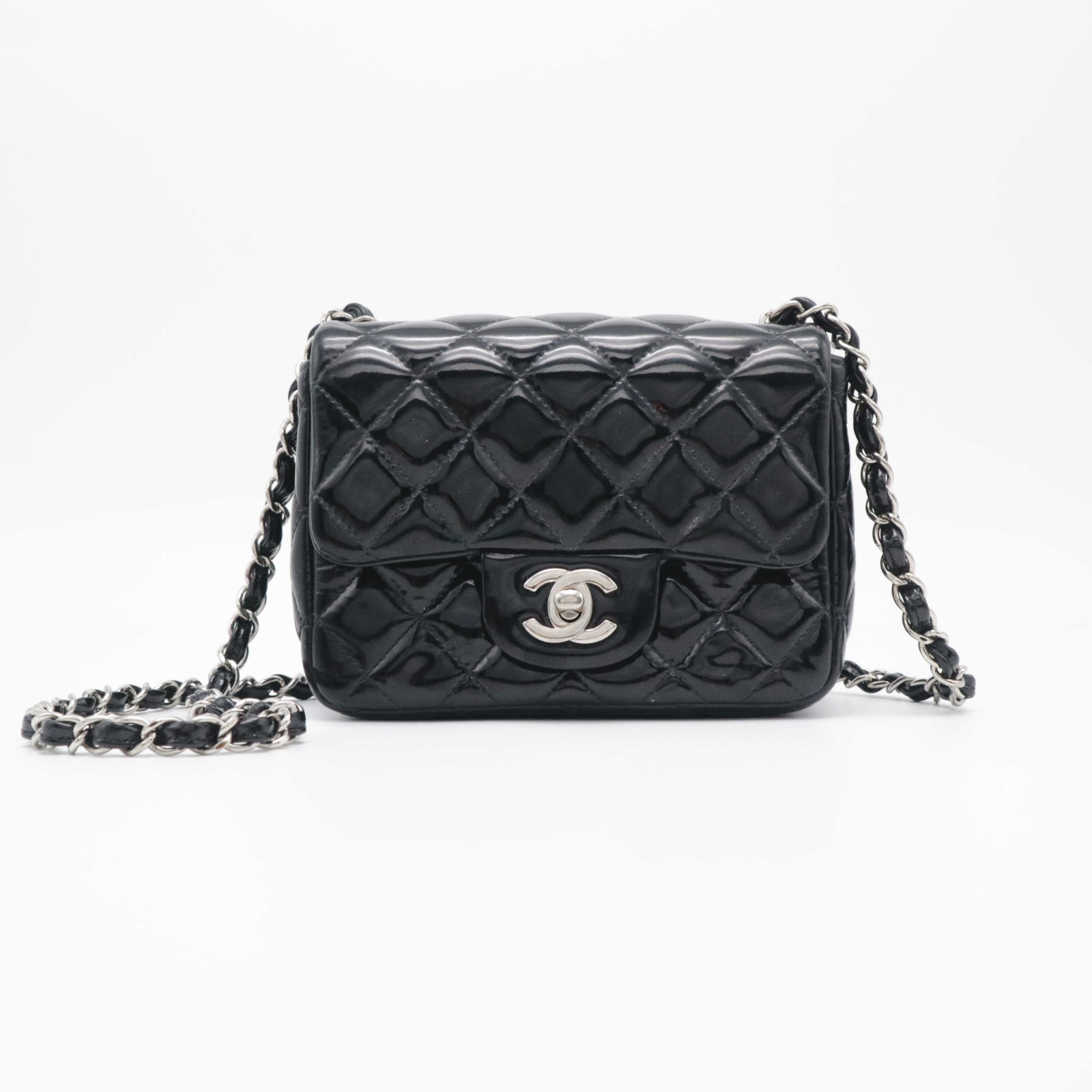 Chanel Black Mini Classic Square Flap Bag Silver Hardware Patent Leather