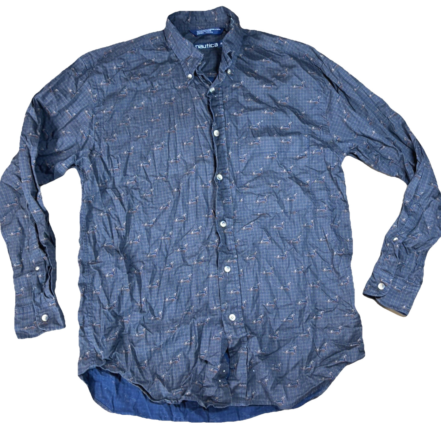 Vtg Nautica Shirt Blue 100% Cotton Duck AOP Long Sleeve Nature Dad Button Up M