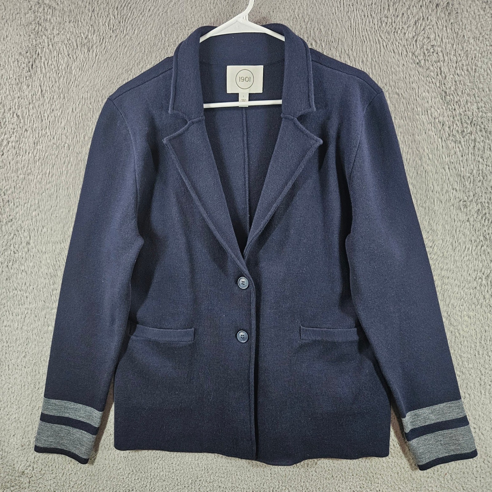 1901 Nordstrom Navy Blue Merino Wool Blend Knit Blazer Jacket Grey Stripes L