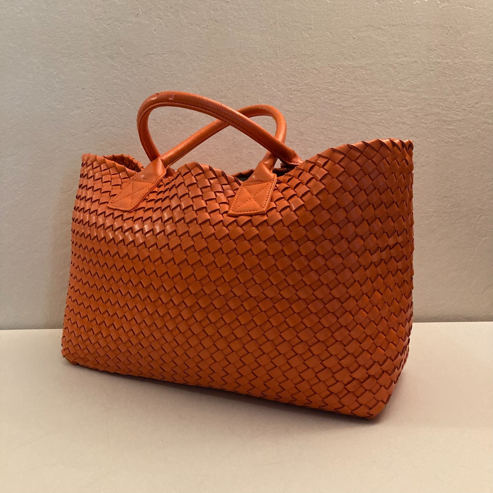 Woven Nappa Leather Tote Bag 21″ Intrecciato Shopper Lambskin Orange Large
