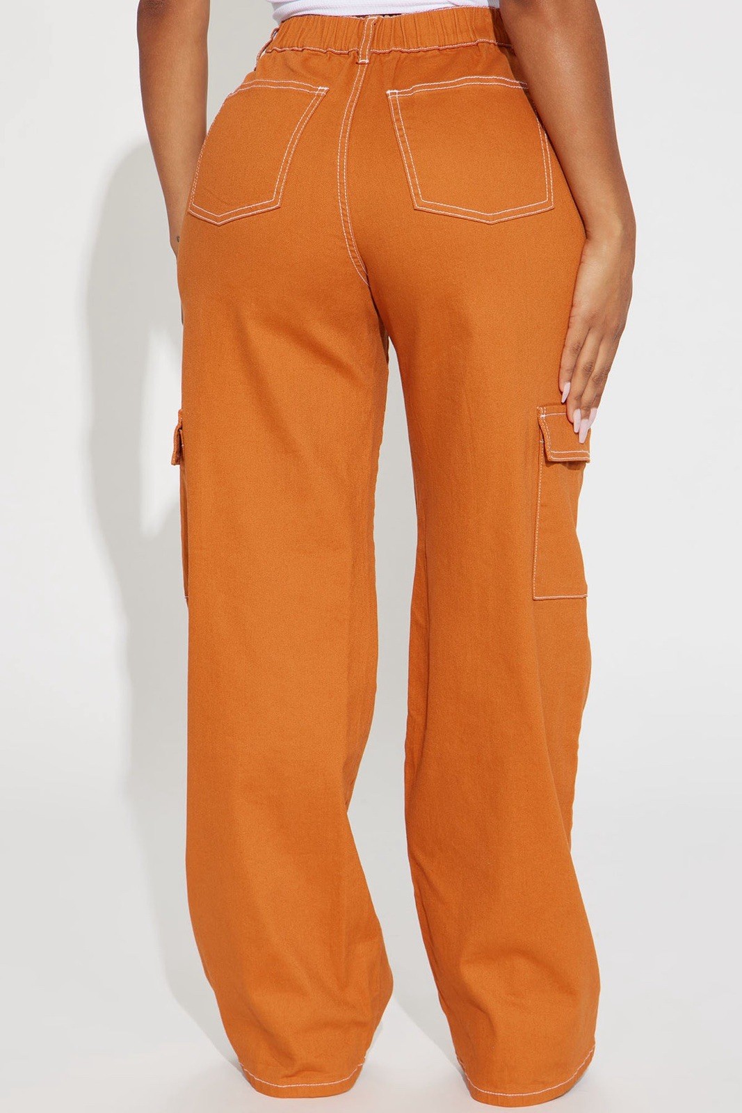 Orange Wide-Leg High Rise Cargo Pants Canvas Contrast Stitch Pockets L