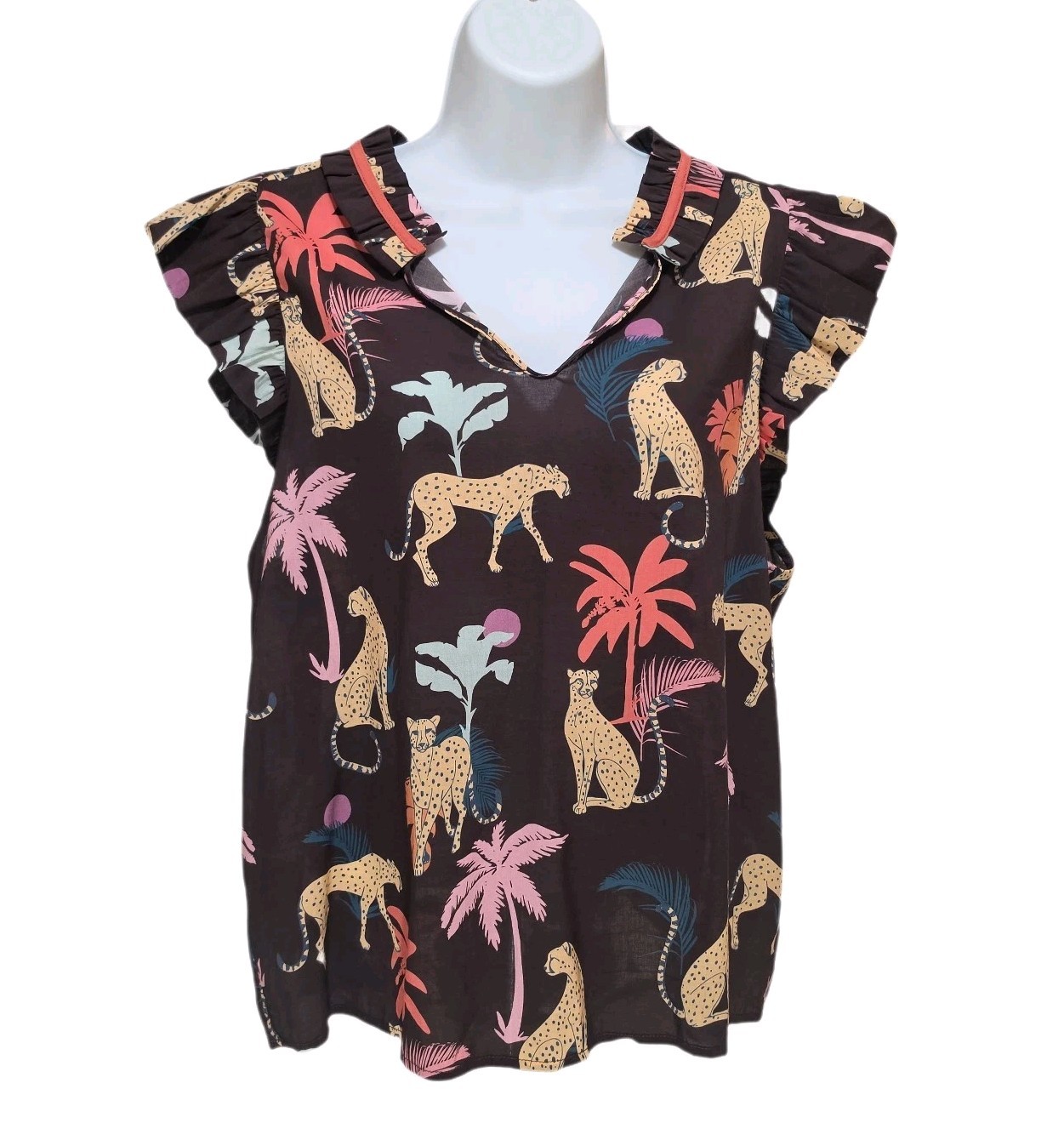 Democracy Animal Palm Printed Ruffle Split Neck Flutter Cap Sleeve Woven Top M