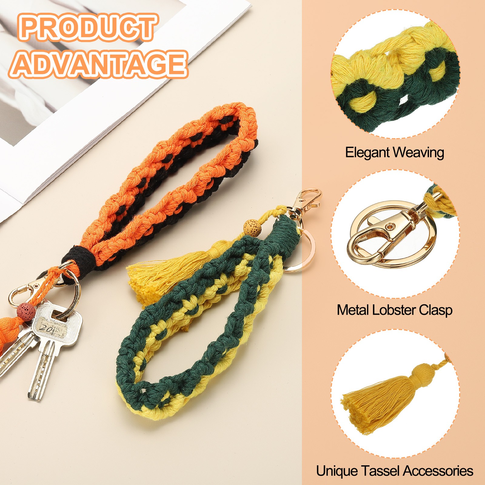 1 Pcs Handmade Wristlet Keychain, Yellow/Green